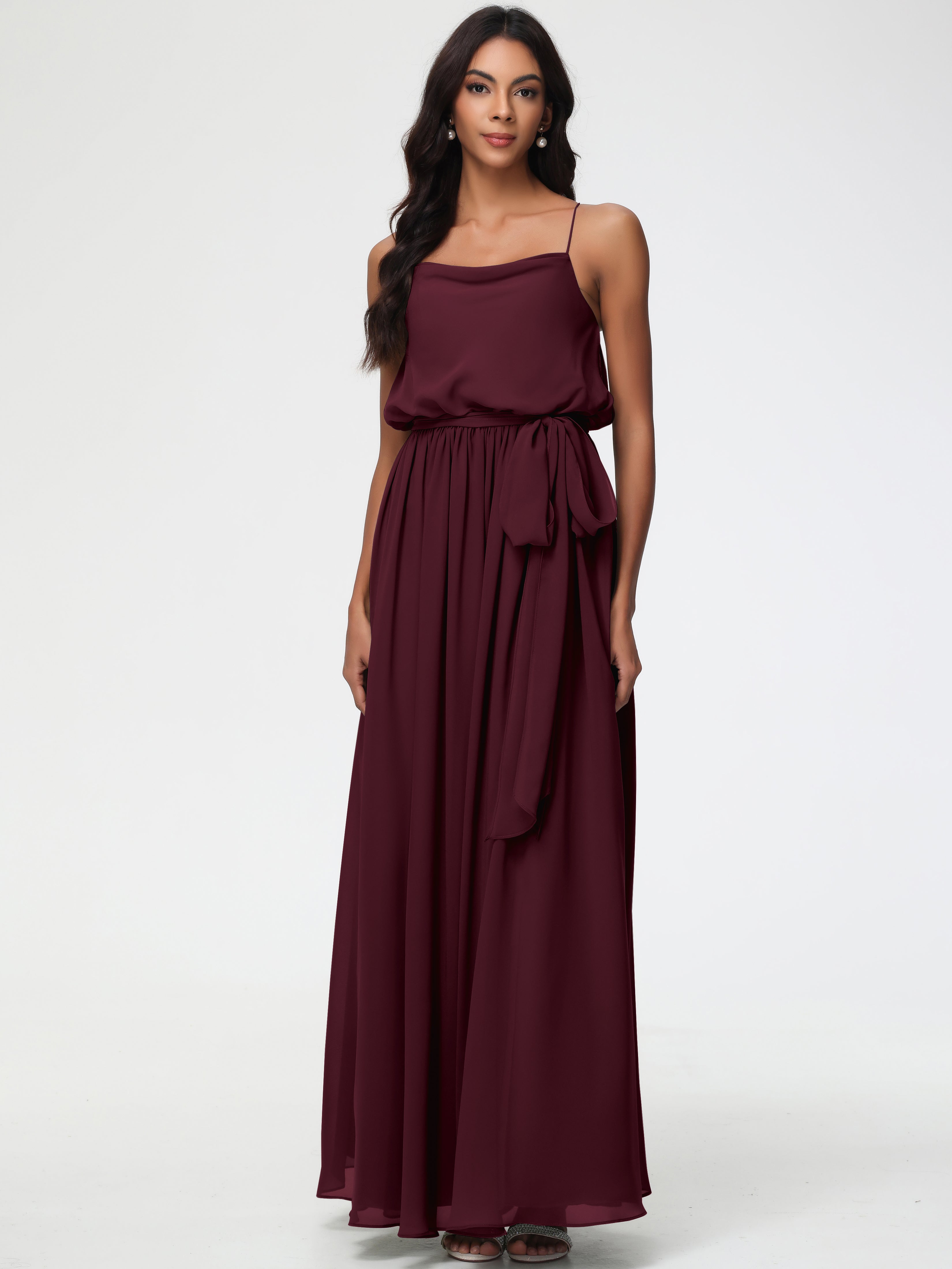 A-Line Cowl Spaghetti Straps Sleeveless Long Split Chiffon Bridesmaid Dresses