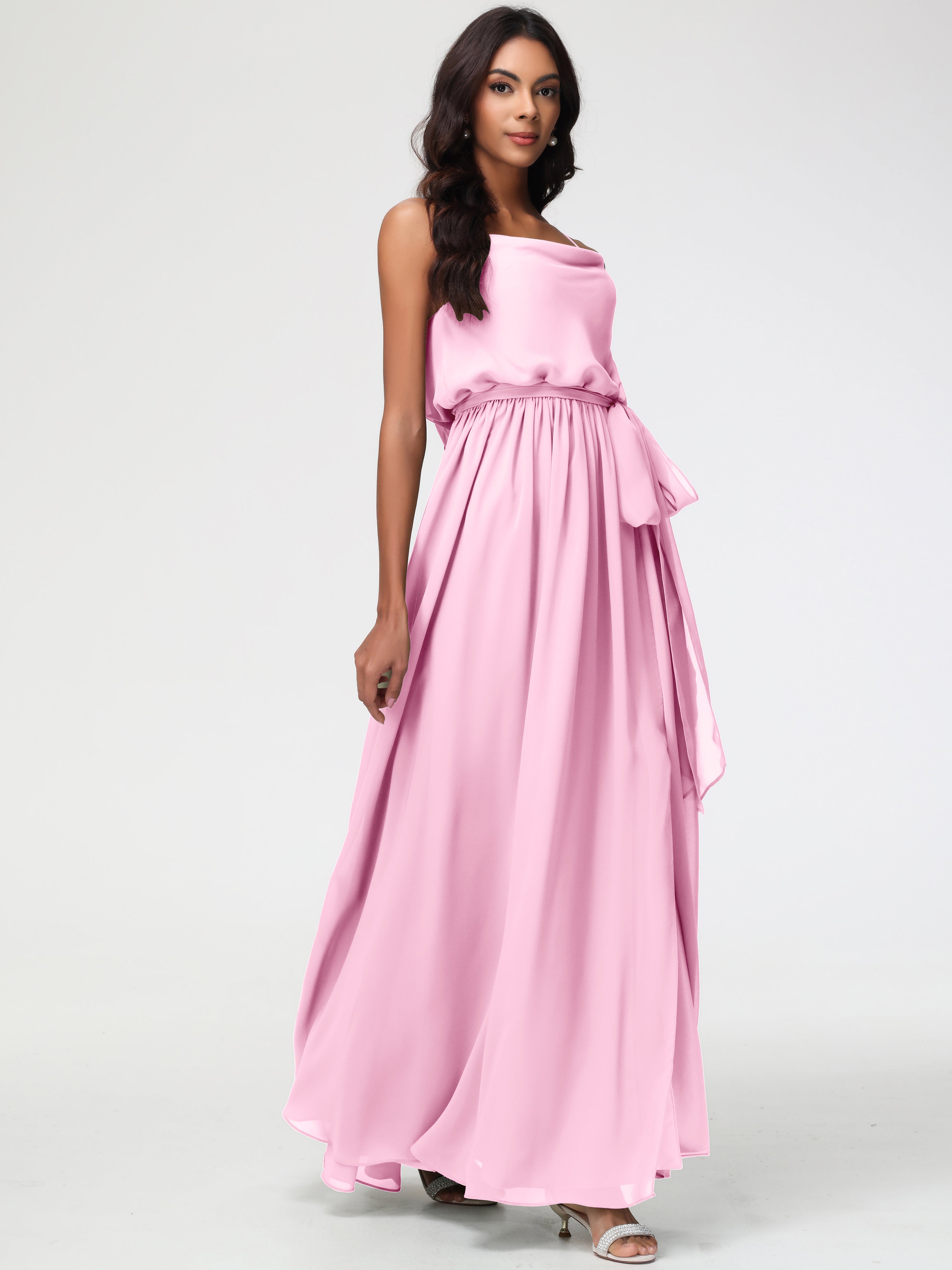 A-Line Cowl Spaghetti Straps Sleeveless Long Split Chiffon Bridesmaid Dresses