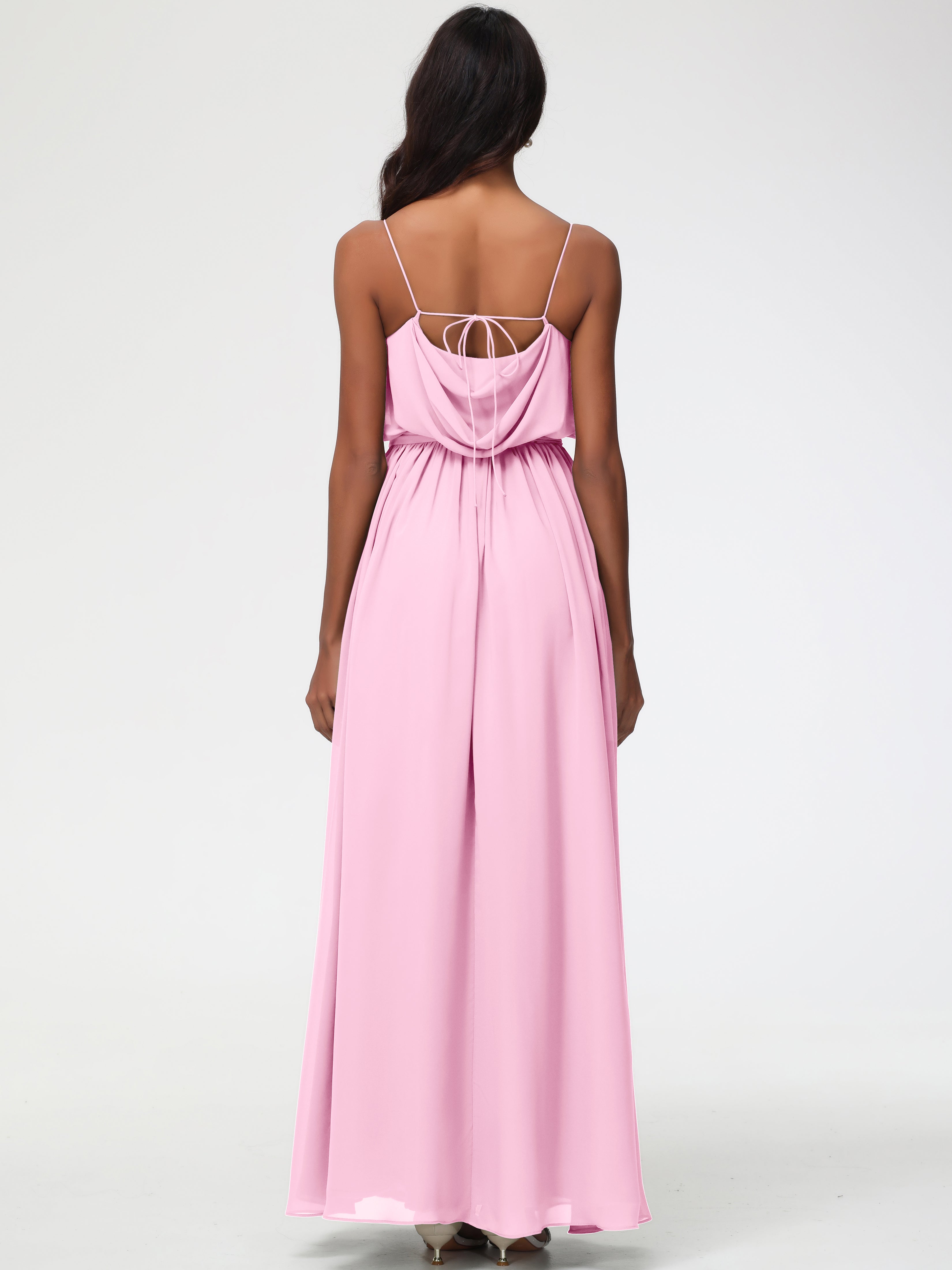 A-Line Cowl Spaghetti Straps Sleeveless Long Split Chiffon Bridesmaid Dresses