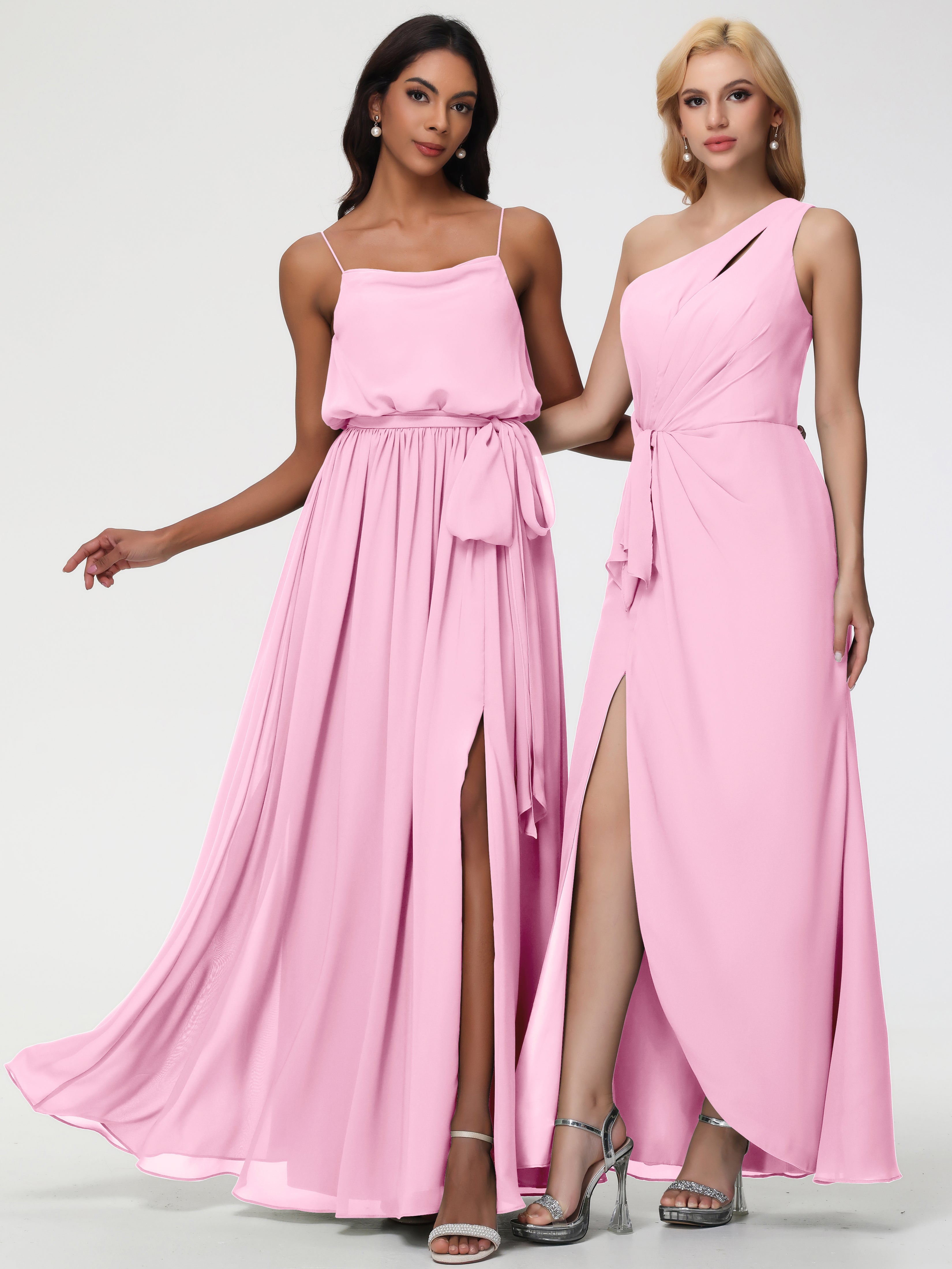 A-Line Cowl Spaghetti Straps Sleeveless Long Split Chiffon Bridesmaid Dresses