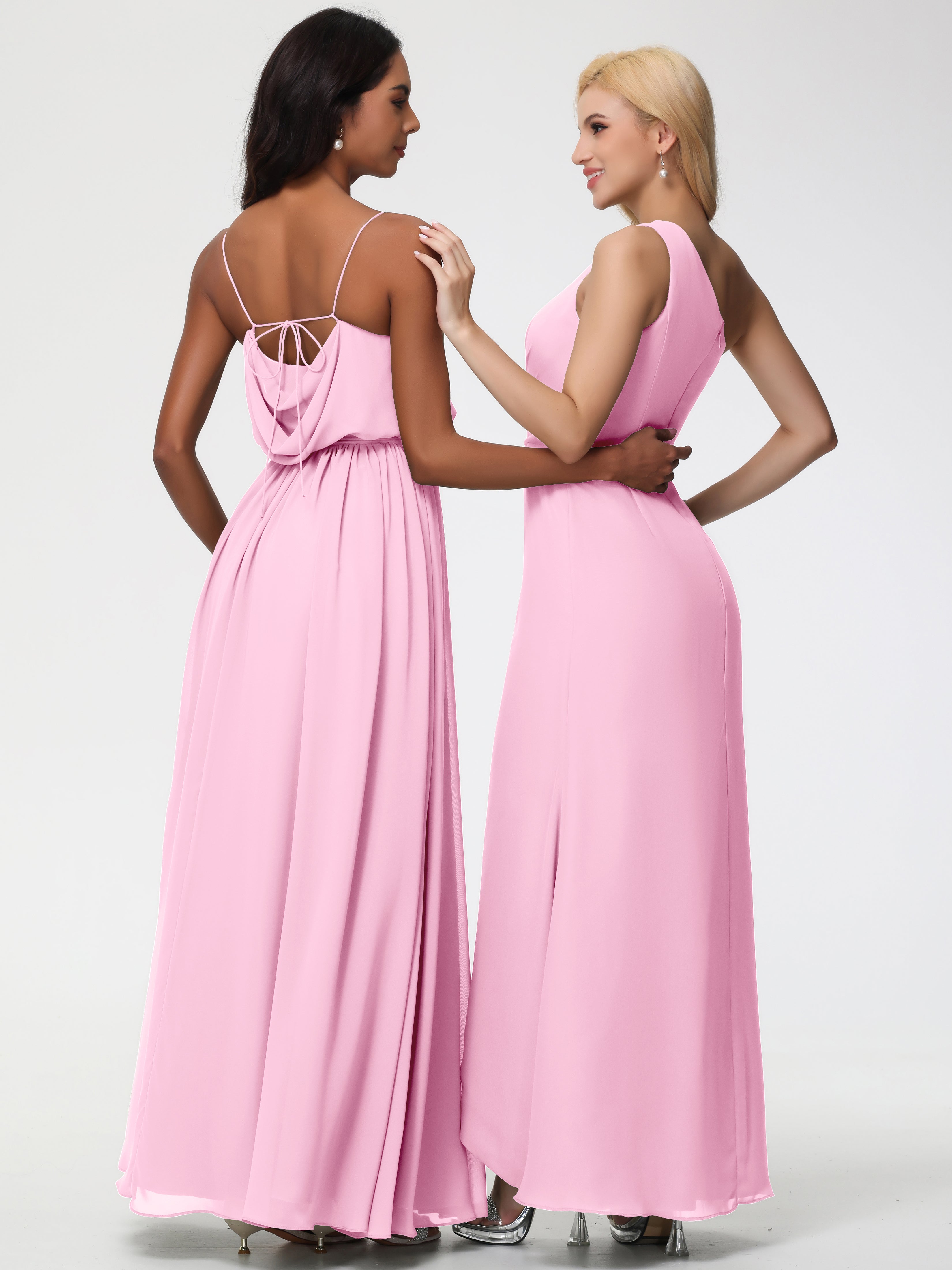 A-Line Cowl Spaghetti Straps Sleeveless Long Split Chiffon Bridesmaid Dresses