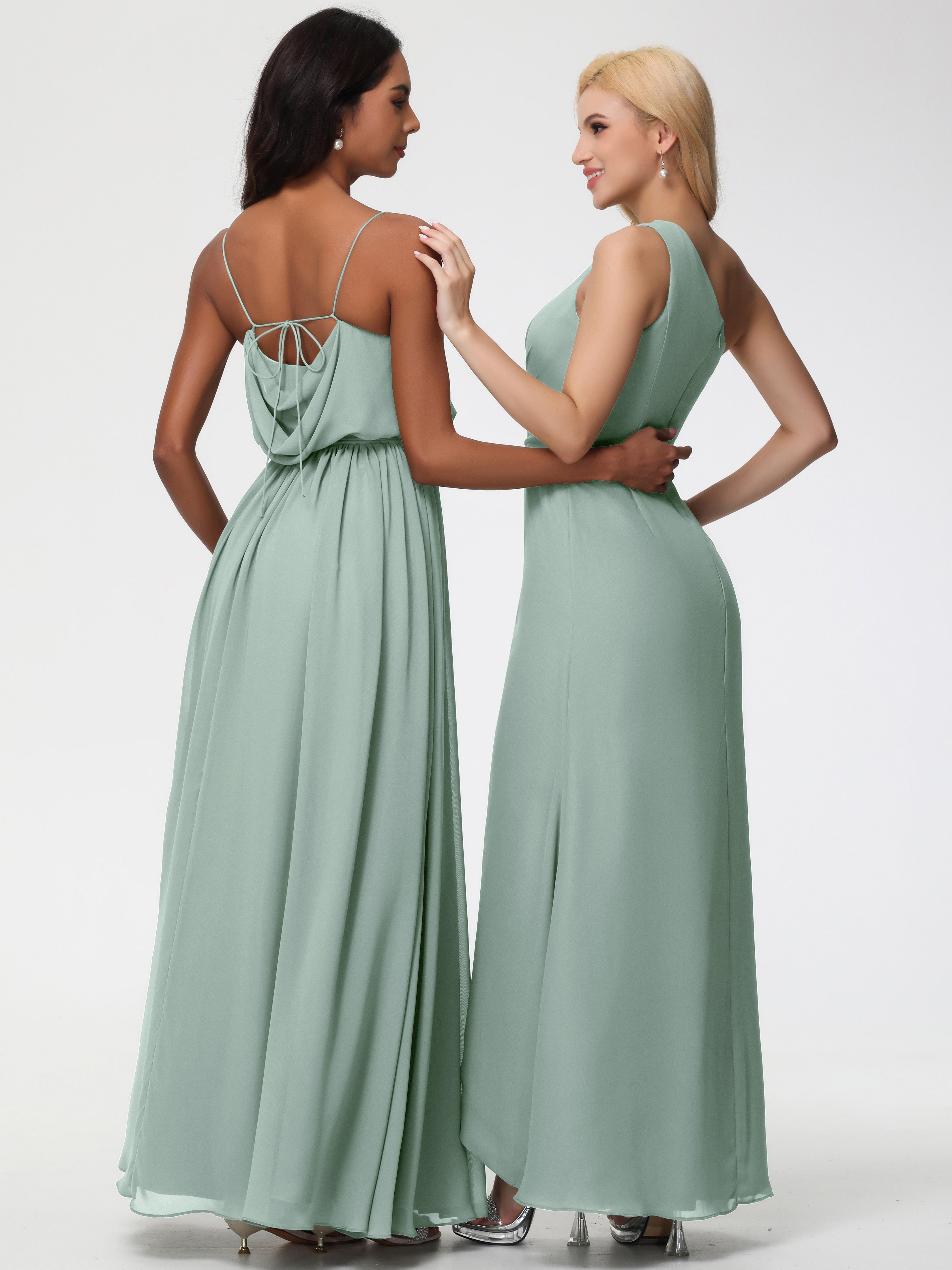 A-Line Cowl Spaghetti Straps Sleeveless Long Split Chiffon Bridesmaid Dresses