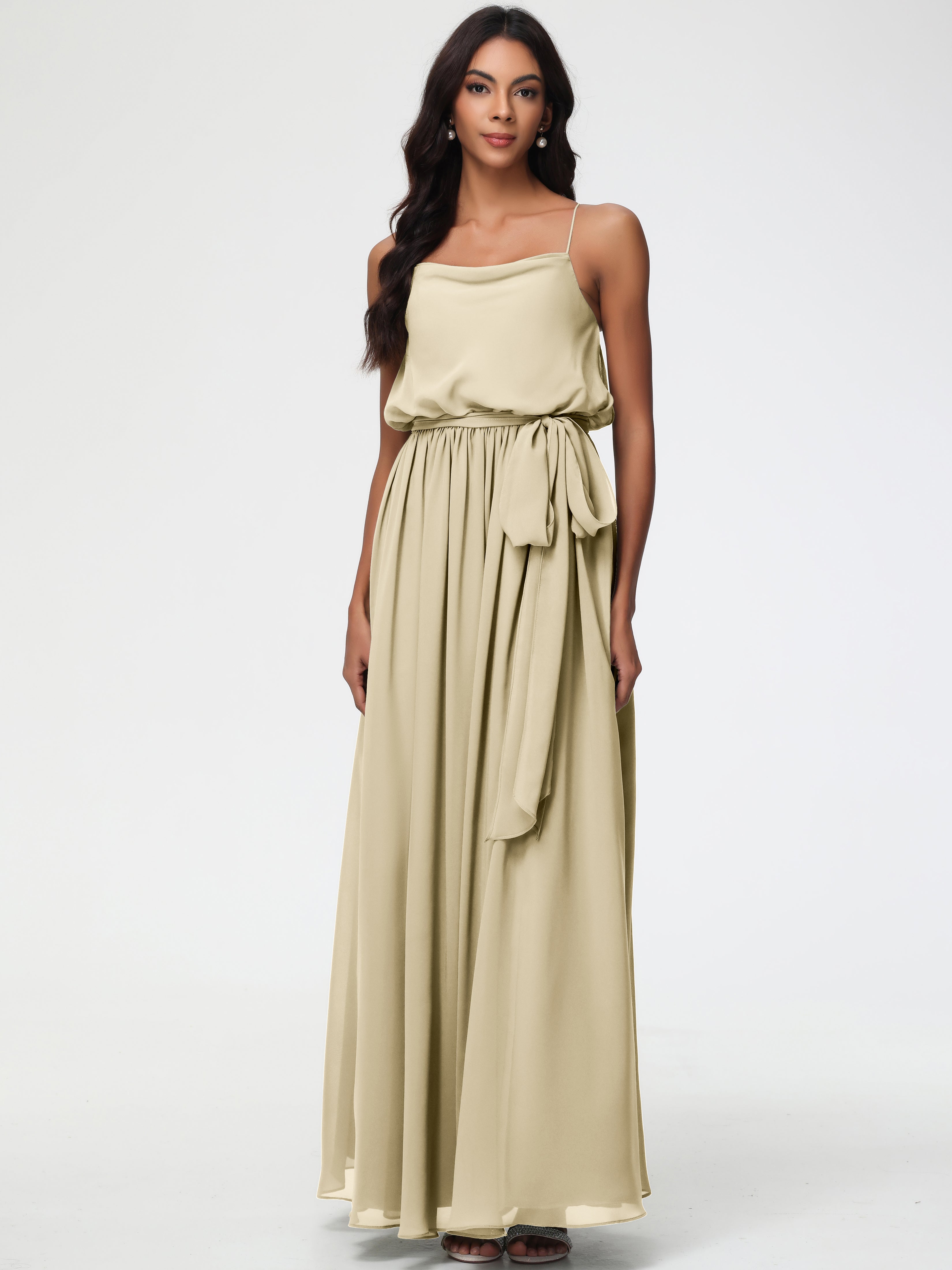 A-Line Cowl Spaghetti Straps Sleeveless Long Split Chiffon Bridesmaid Dresses