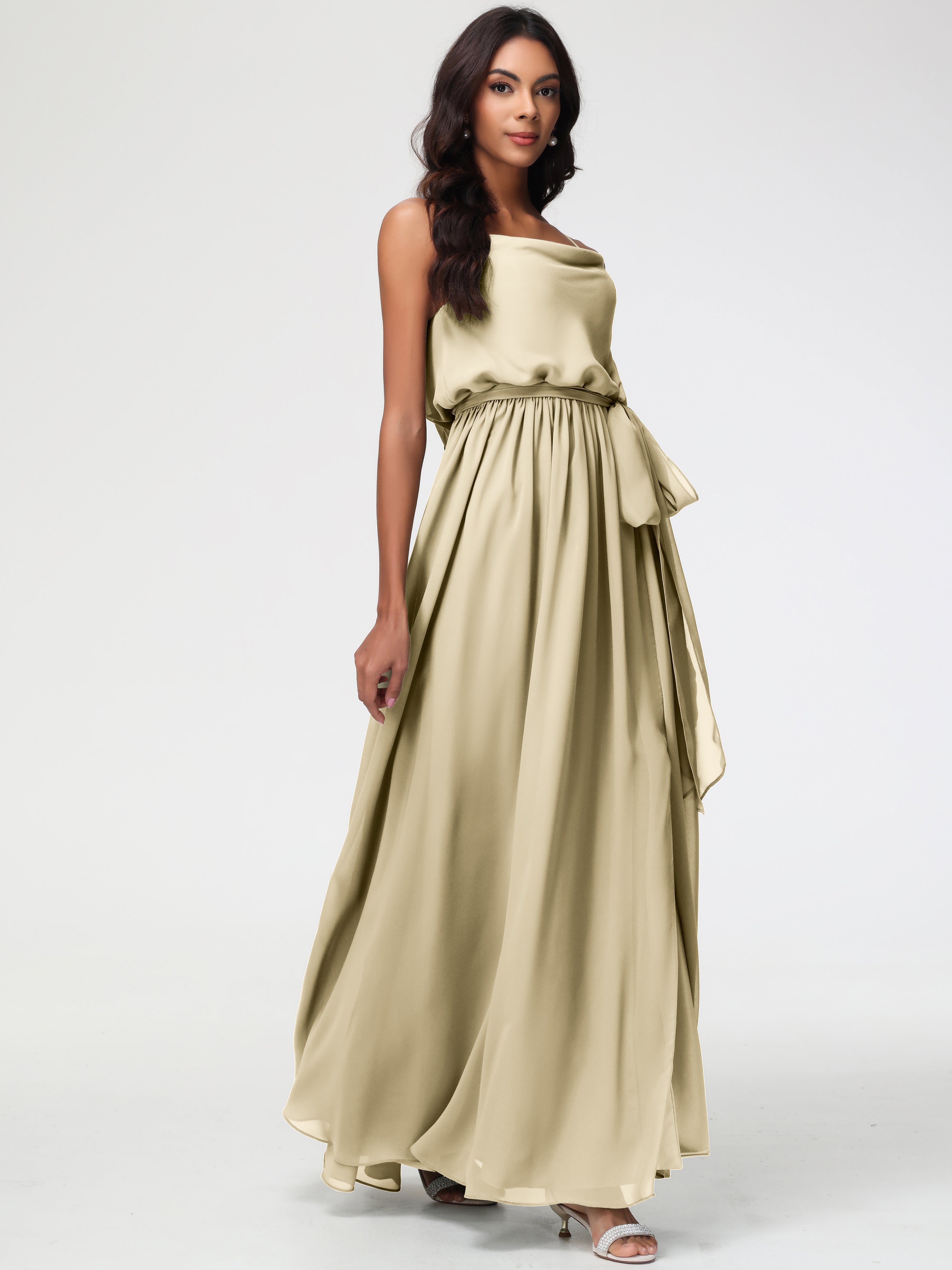 A-Line Cowl Spaghetti Straps Sleeveless Long Split Chiffon Bridesmaid Dresses