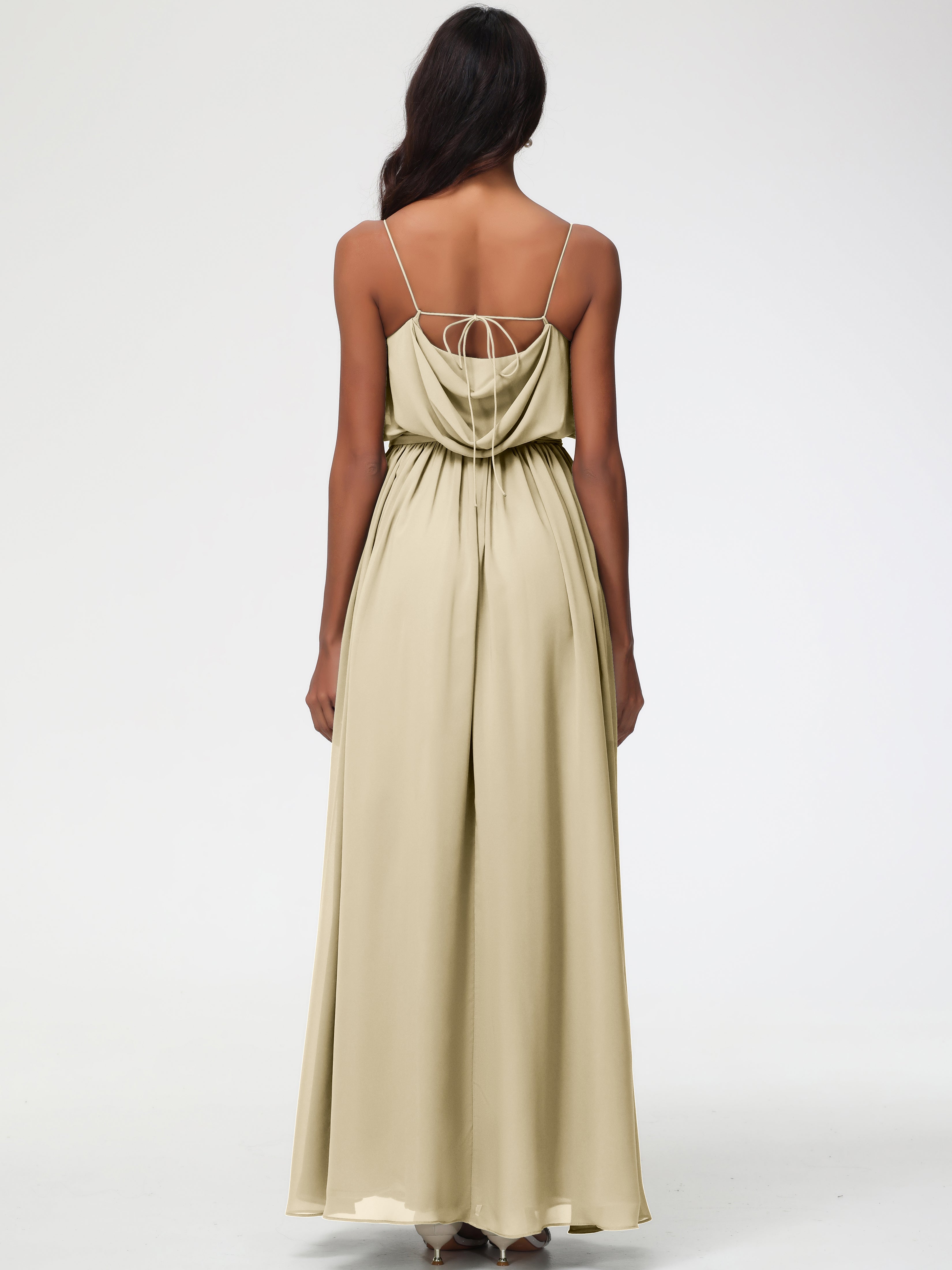 A-Line Cowl Spaghetti Straps Sleeveless Long Split Chiffon Bridesmaid Dresses