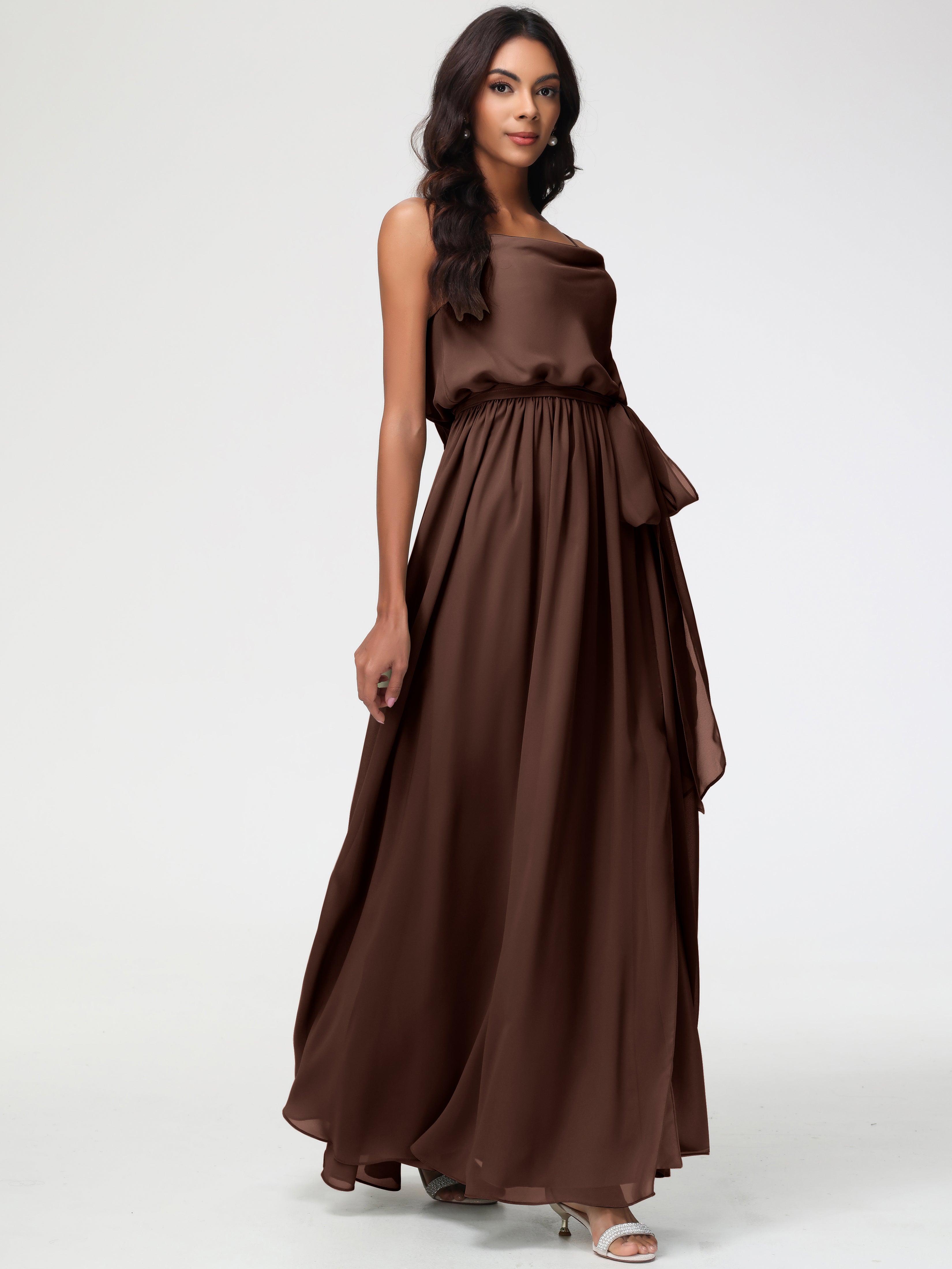 A-Line Cowl Spaghetti Straps Sleeveless Long Split Chiffon Bridesmaid Dresses