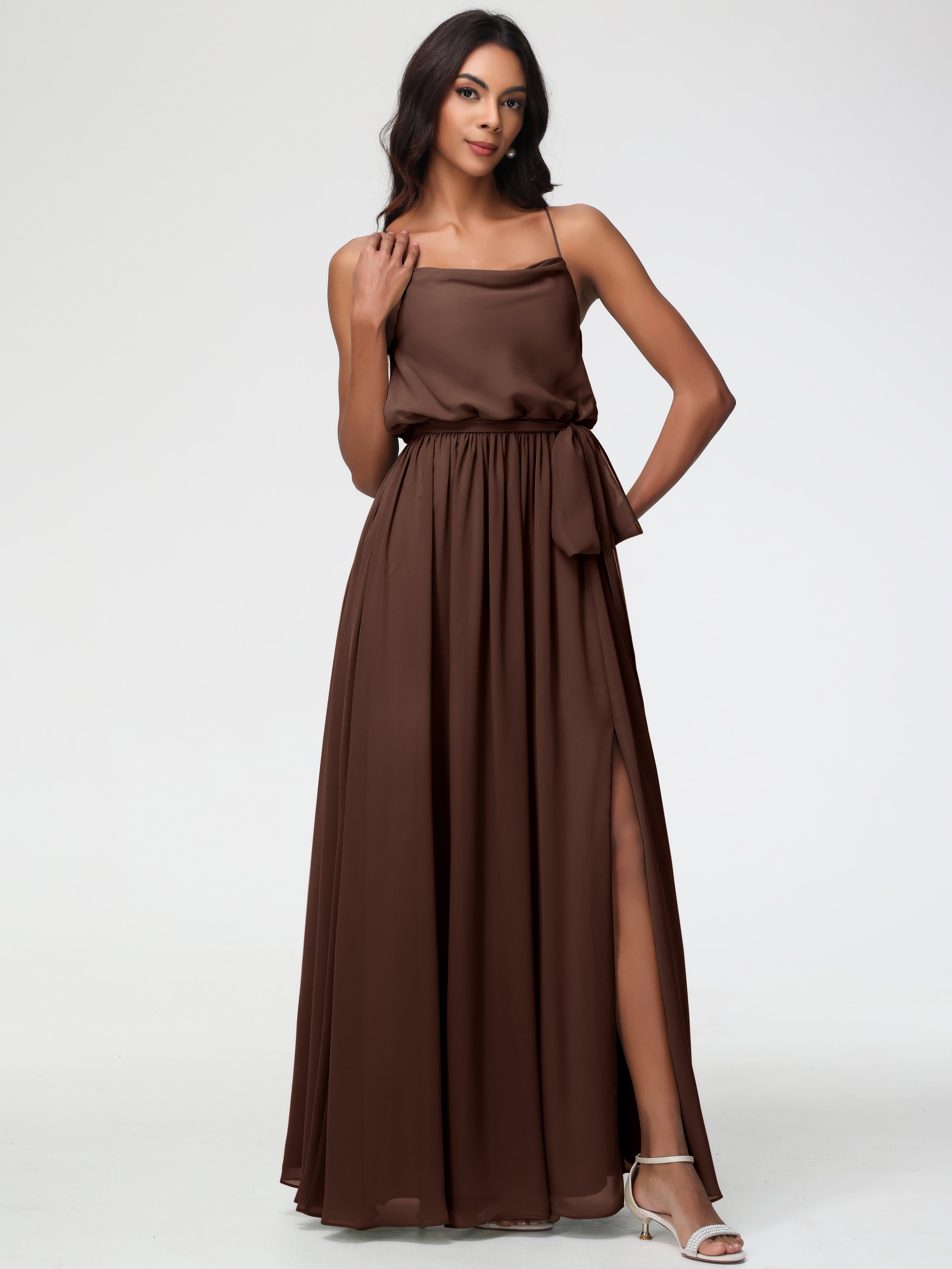 A-Line Cowl Spaghetti Straps Sleeveless Long Split Chiffon Bridesmaid Dresses