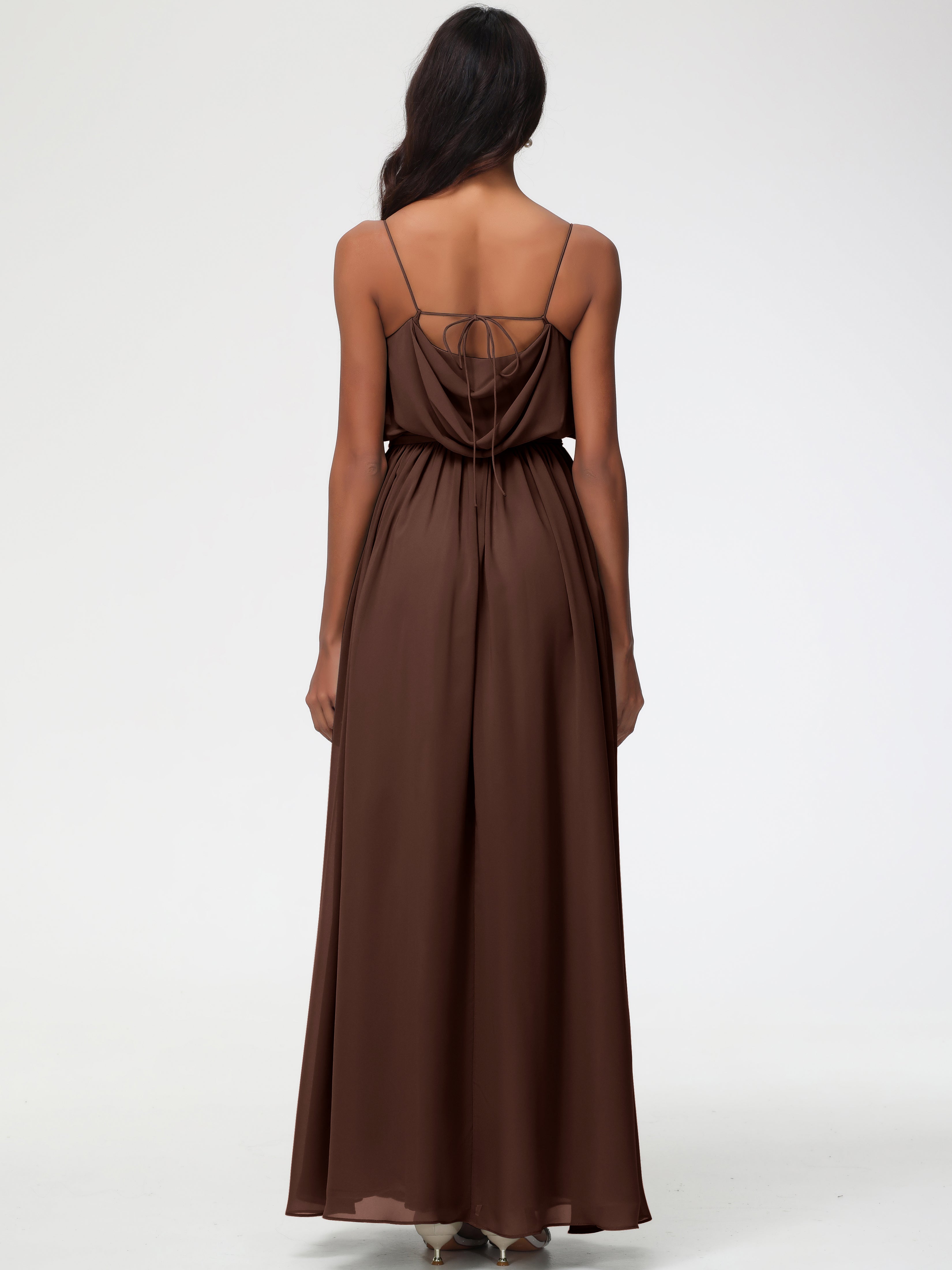 A-Line Cowl Spaghetti Straps Sleeveless Long Split Chiffon Bridesmaid Dresses