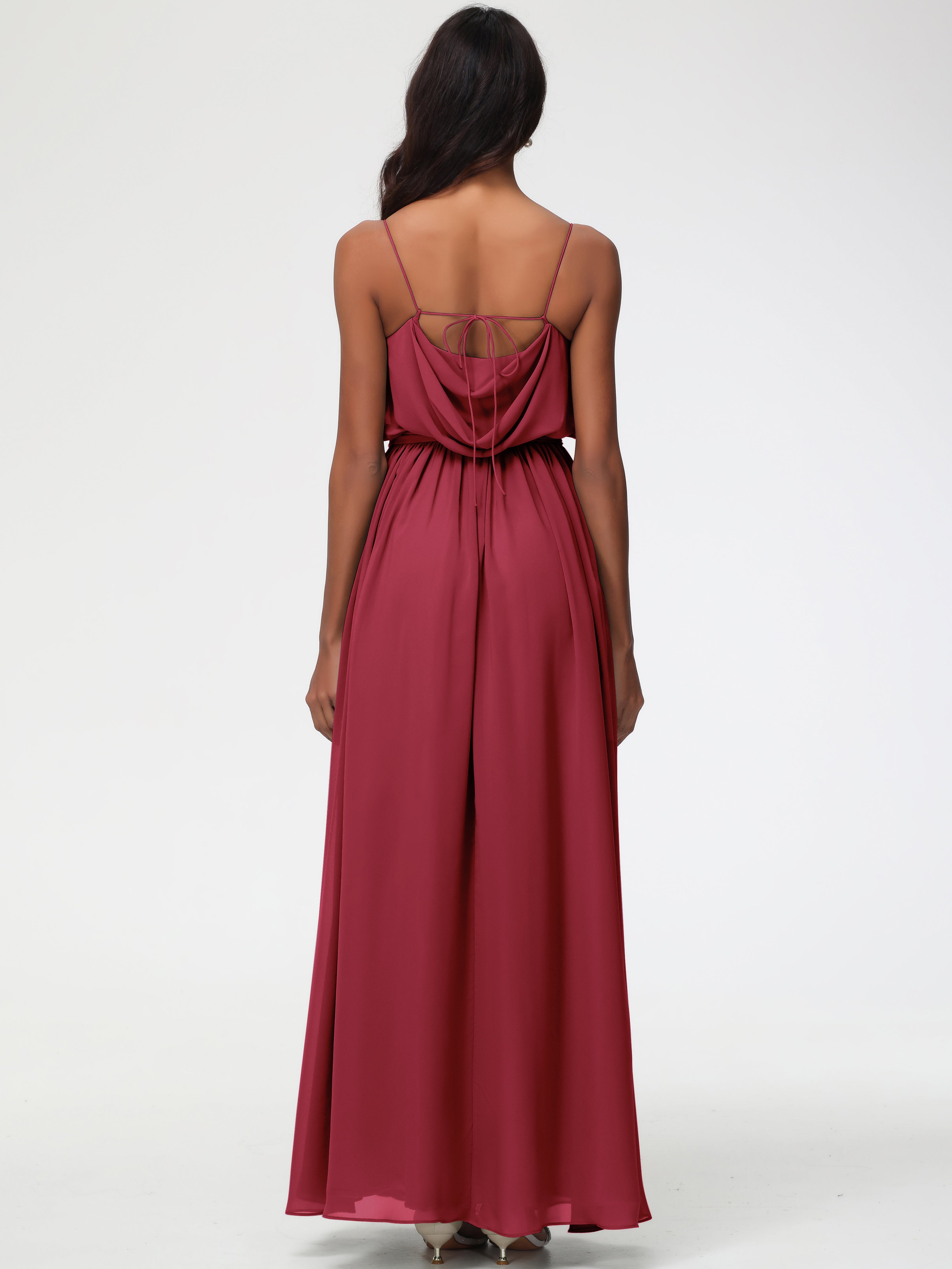 A-Line Cowl Spaghetti Straps Sleeveless Long Split Chiffon Bridesmaid Dresses