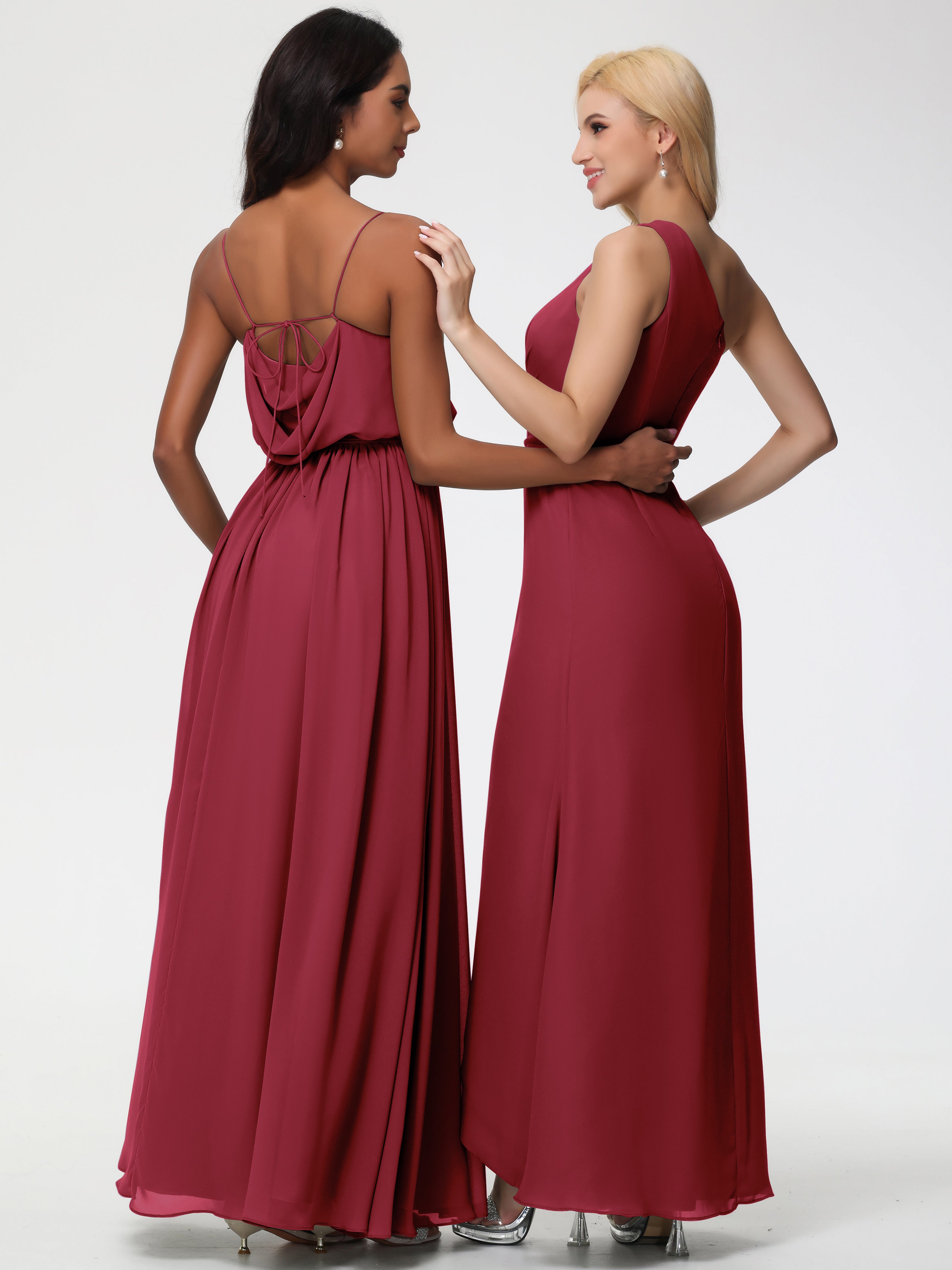 A-Line Cowl Spaghetti Straps Sleeveless Long Split Chiffon Bridesmaid Dresses