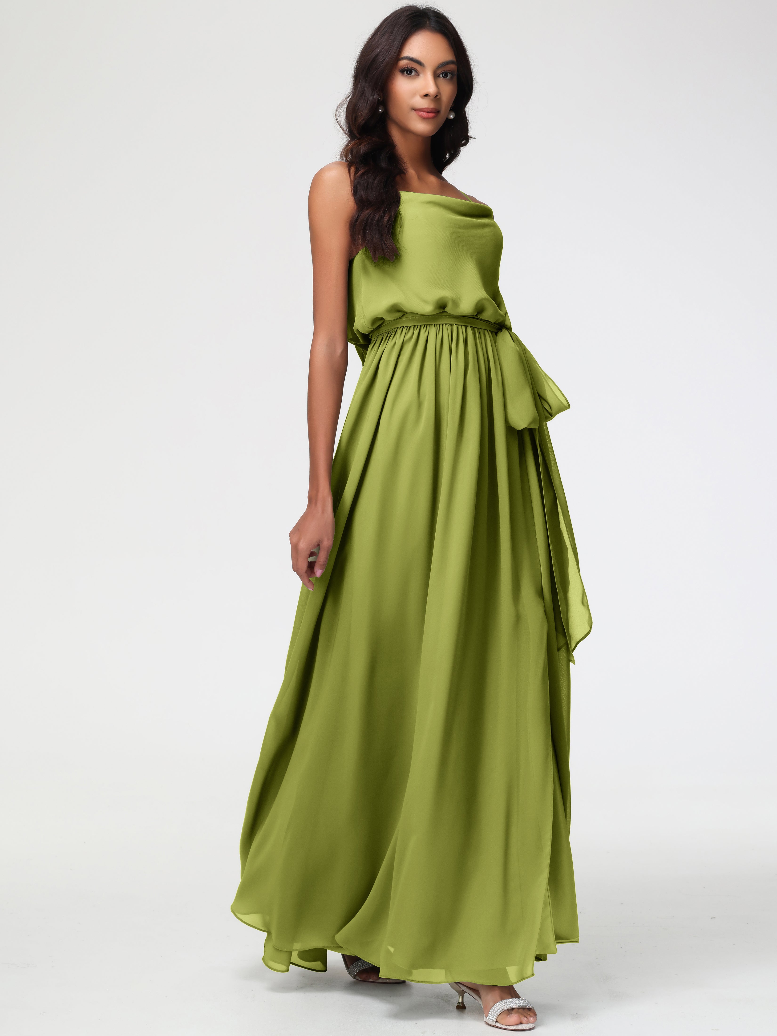A-Line Cowl Spaghetti Straps Sleeveless Long Split Chiffon Bridesmaid Dresses