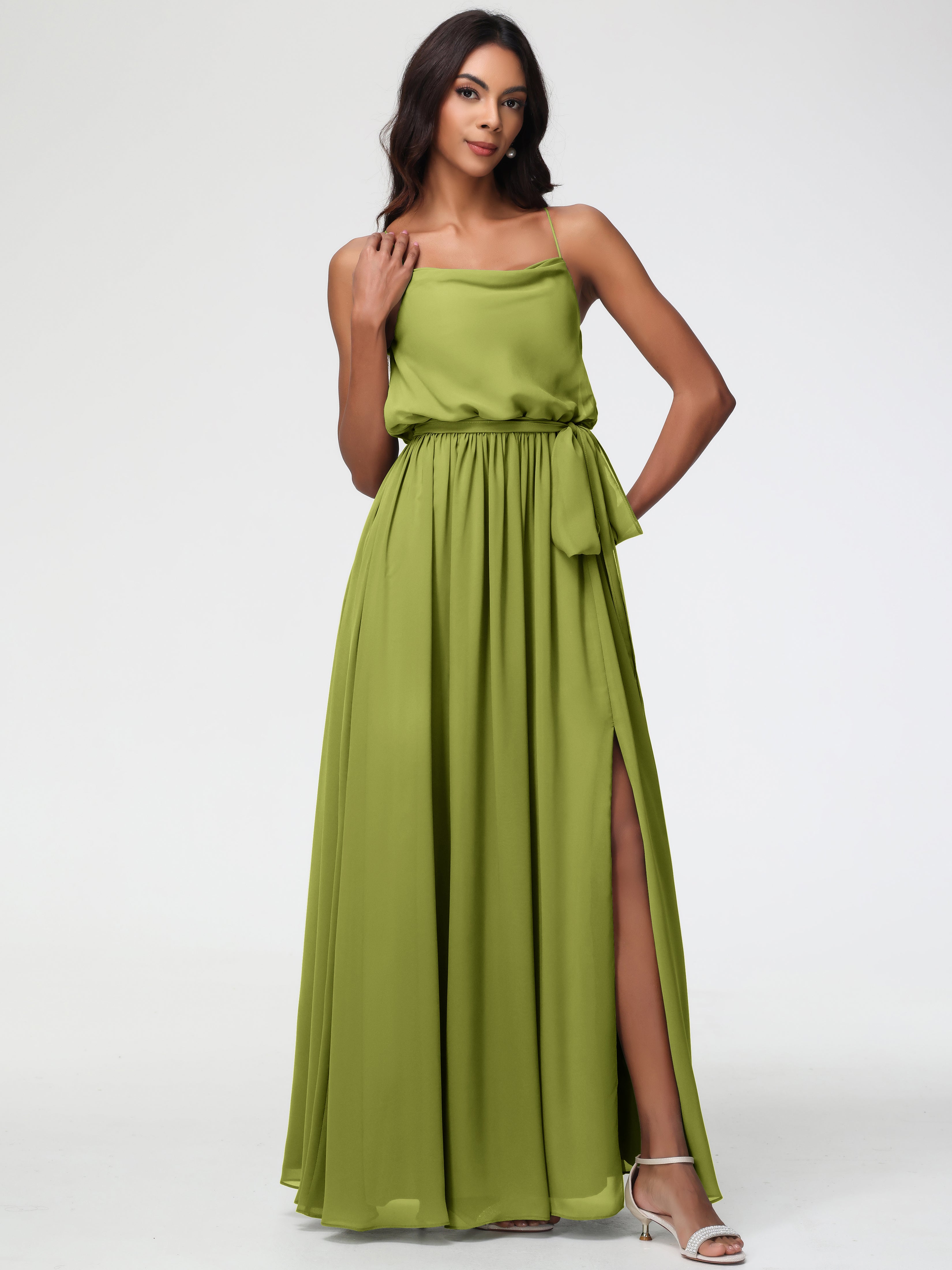 A-Line Cowl Spaghetti Straps Sleeveless Long Split Chiffon Bridesmaid Dresses