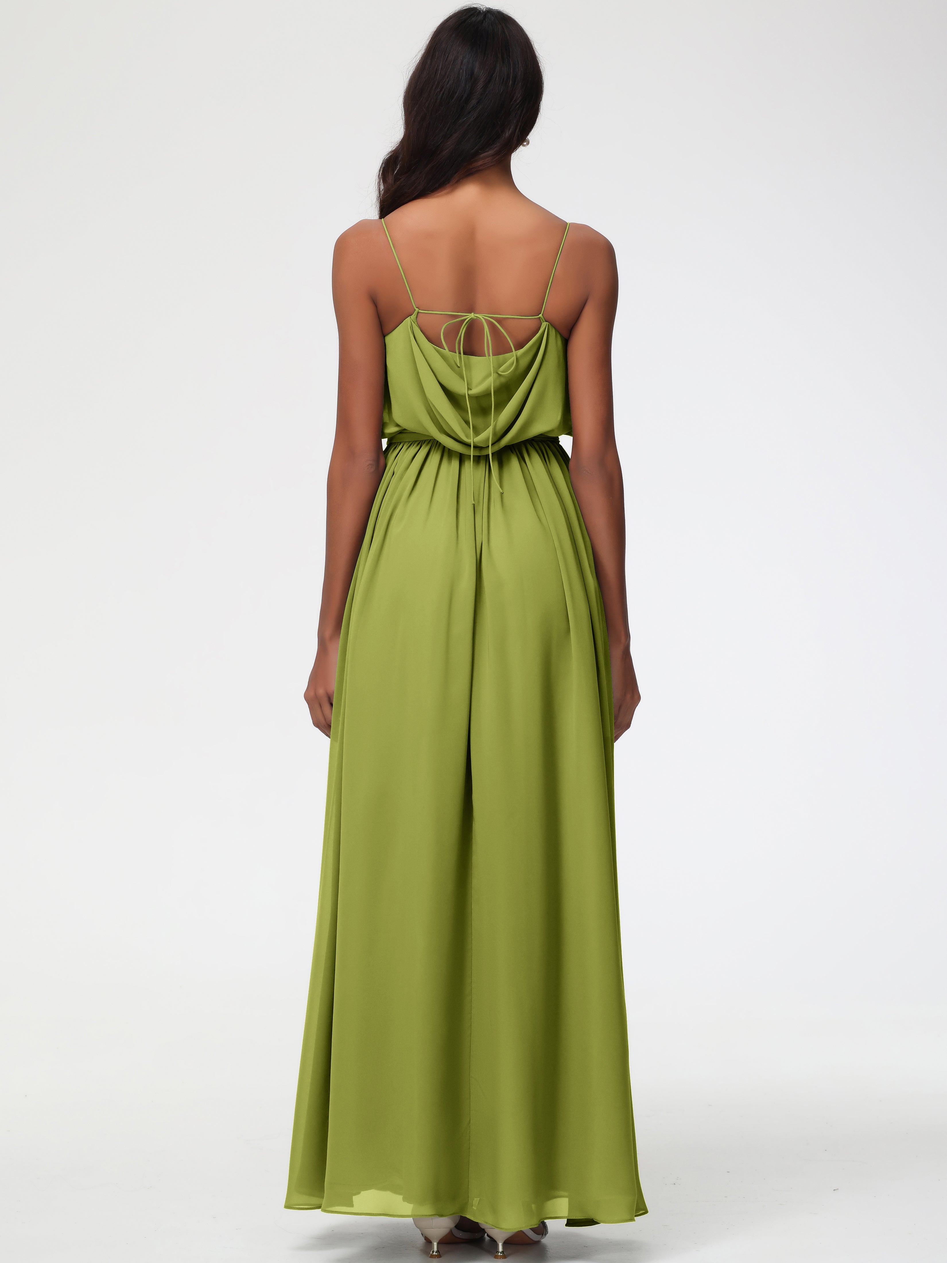 A-Line Cowl Spaghetti Straps Sleeveless Long Split Chiffon Bridesmaid Dresses