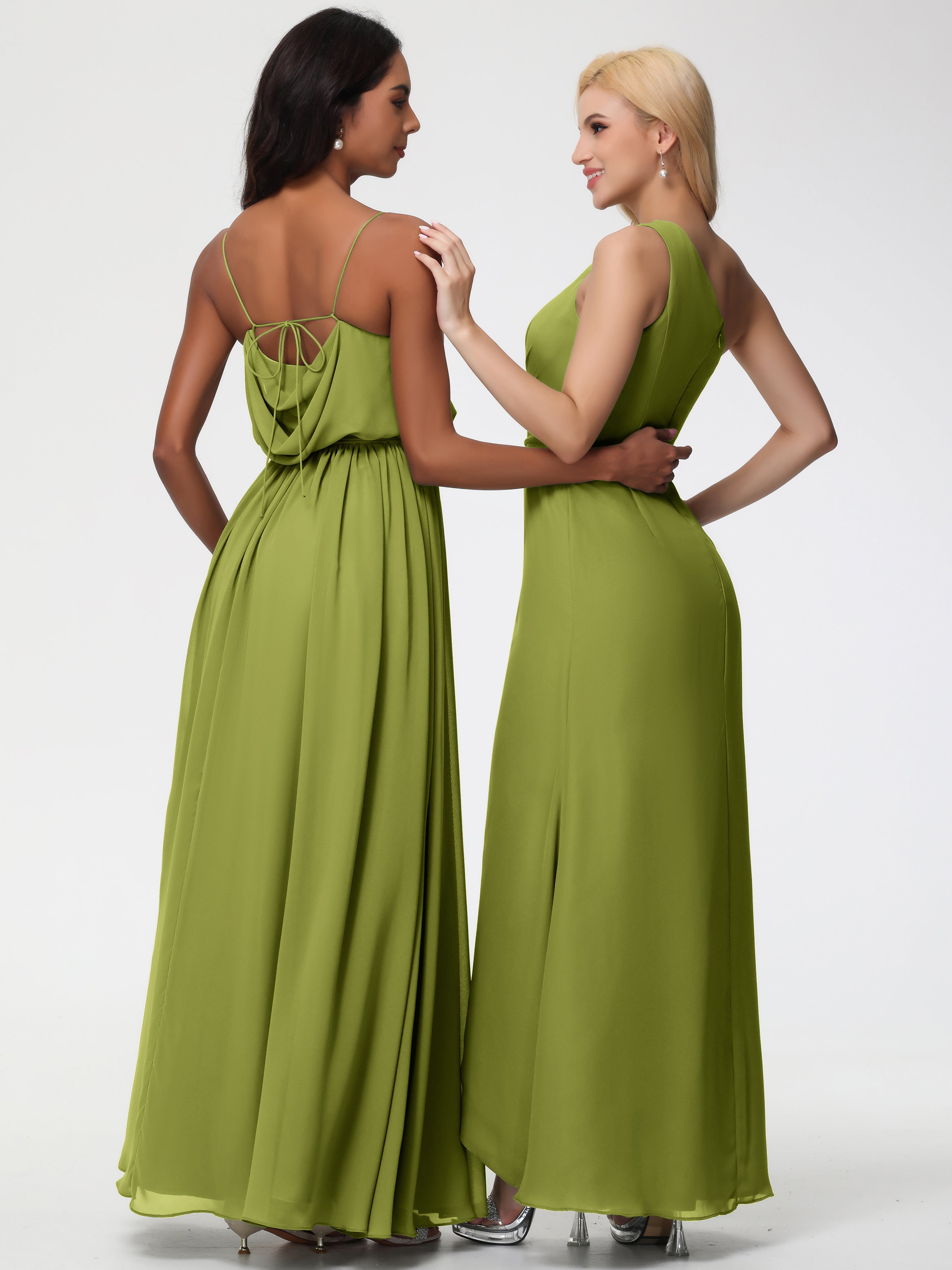 A-Line Cowl Spaghetti Straps Sleeveless Long Split Chiffon Bridesmaid Dresses