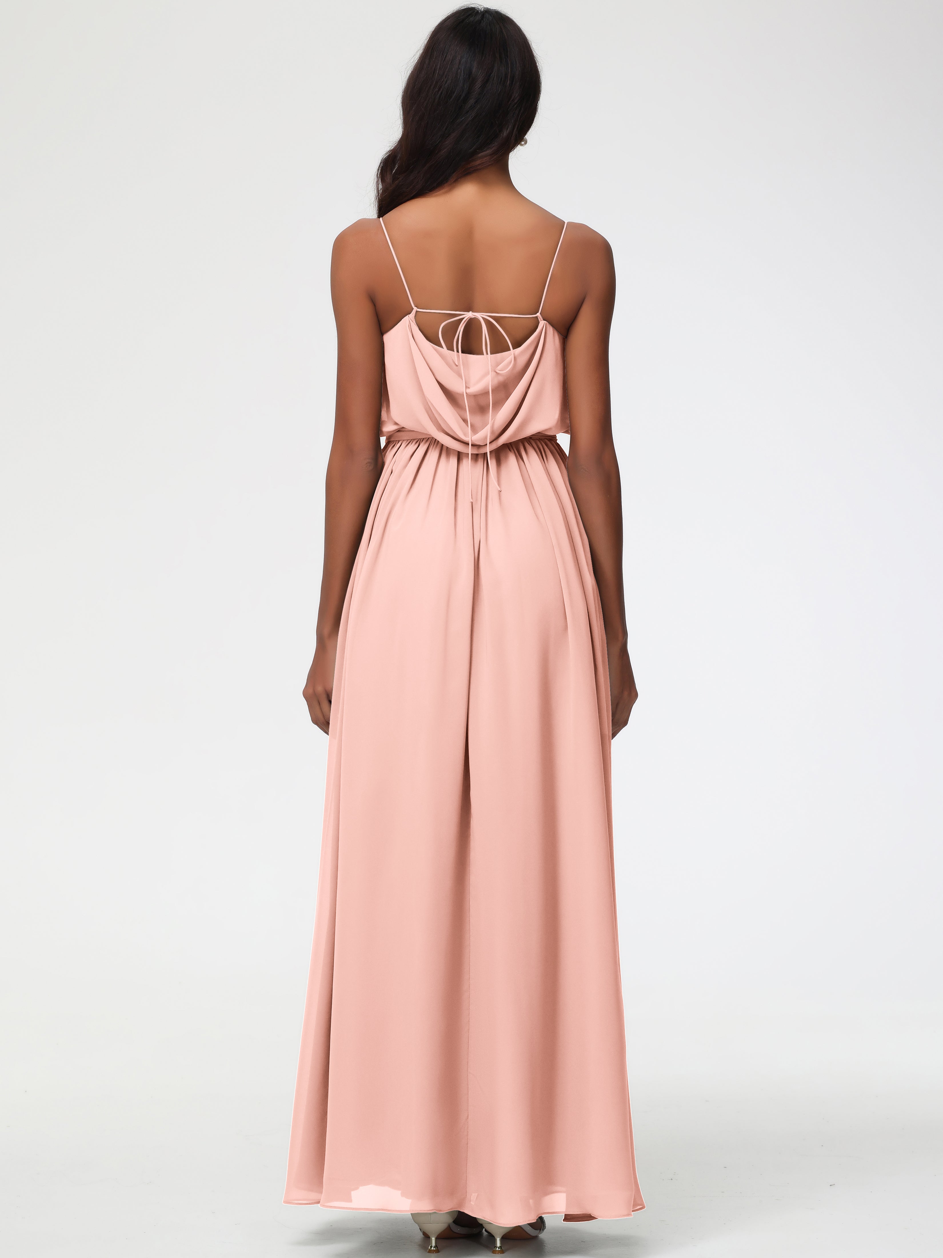 A-Line Cowl Spaghetti Straps Sleeveless Long Split Chiffon Bridesmaid Dresses