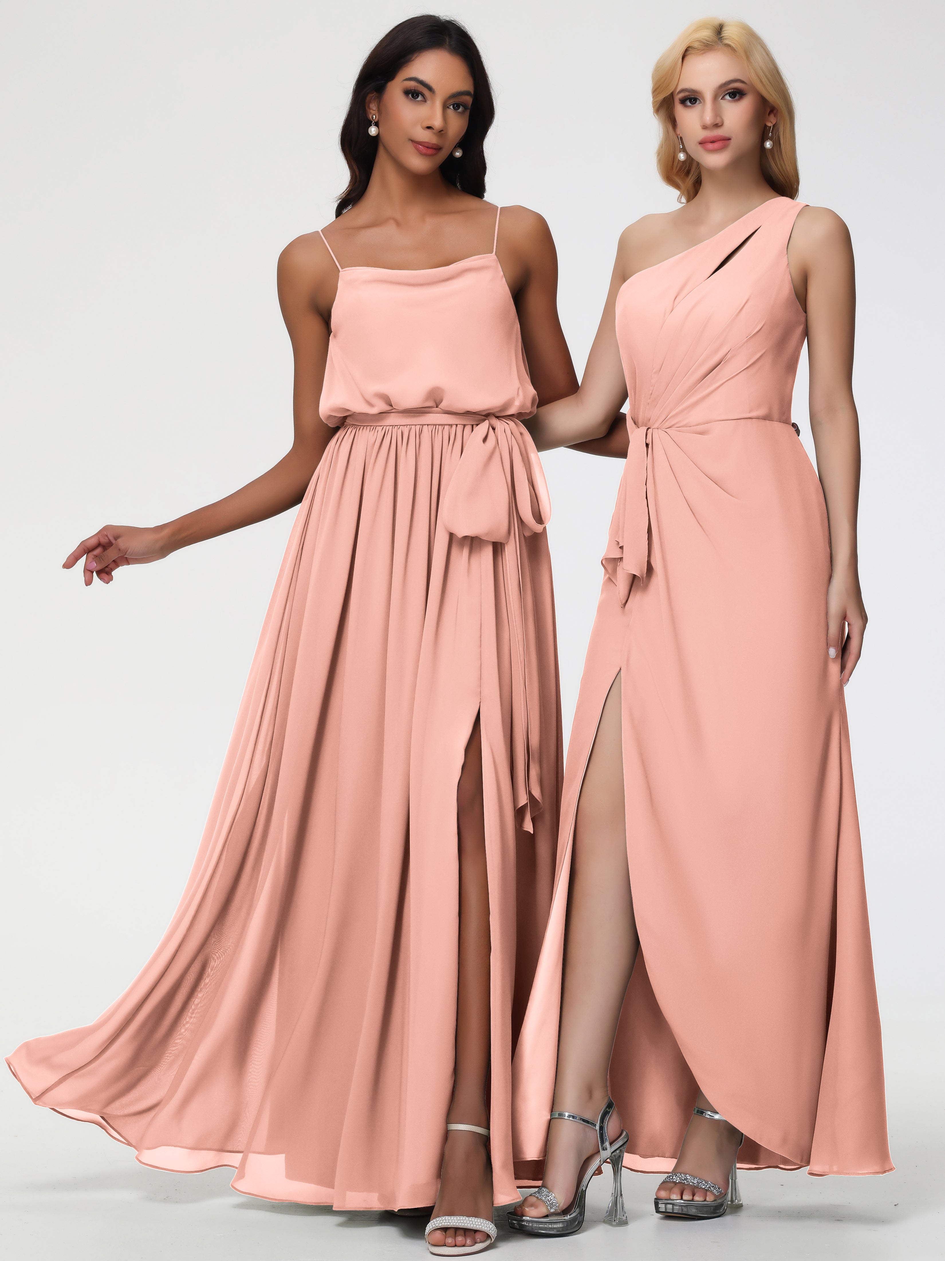 A-Line Cowl Spaghetti Straps Sleeveless Long Split Chiffon Bridesmaid Dresses