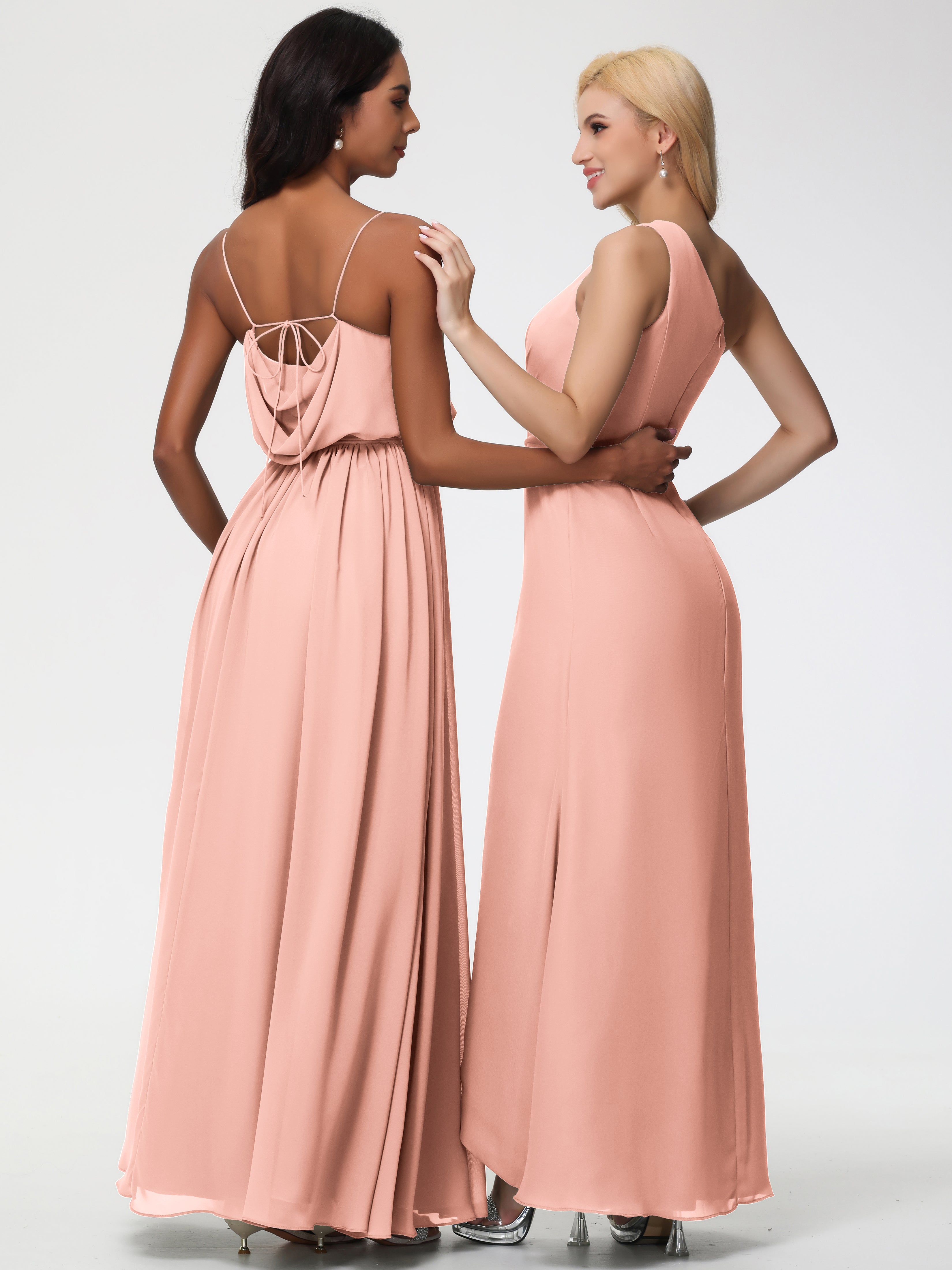 A-Line Cowl Spaghetti Straps Sleeveless Long Split Chiffon Bridesmaid Dresses