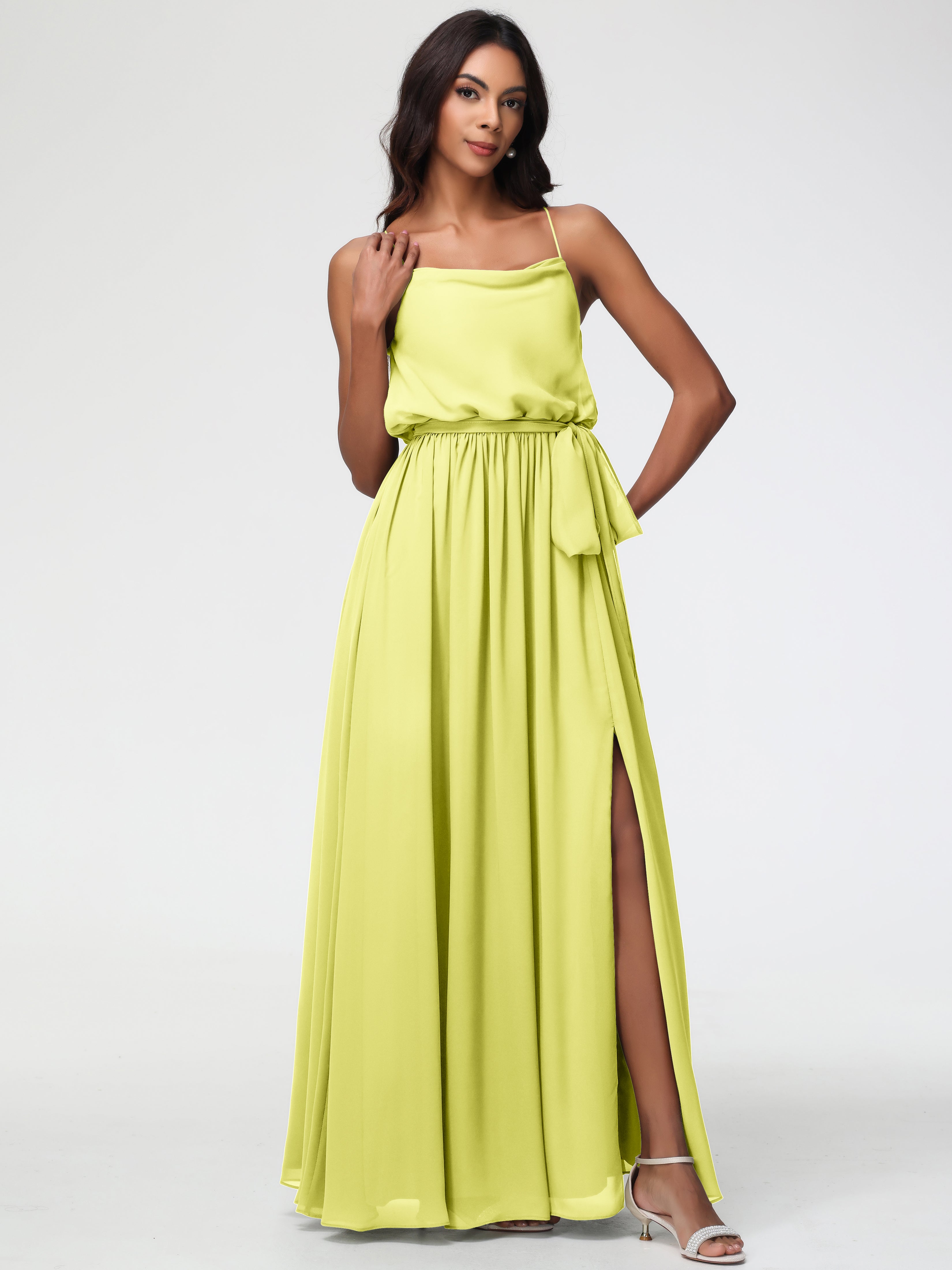 A-Line Cowl Spaghetti Straps Sleeveless Long Split Chiffon Bridesmaid Dresses
