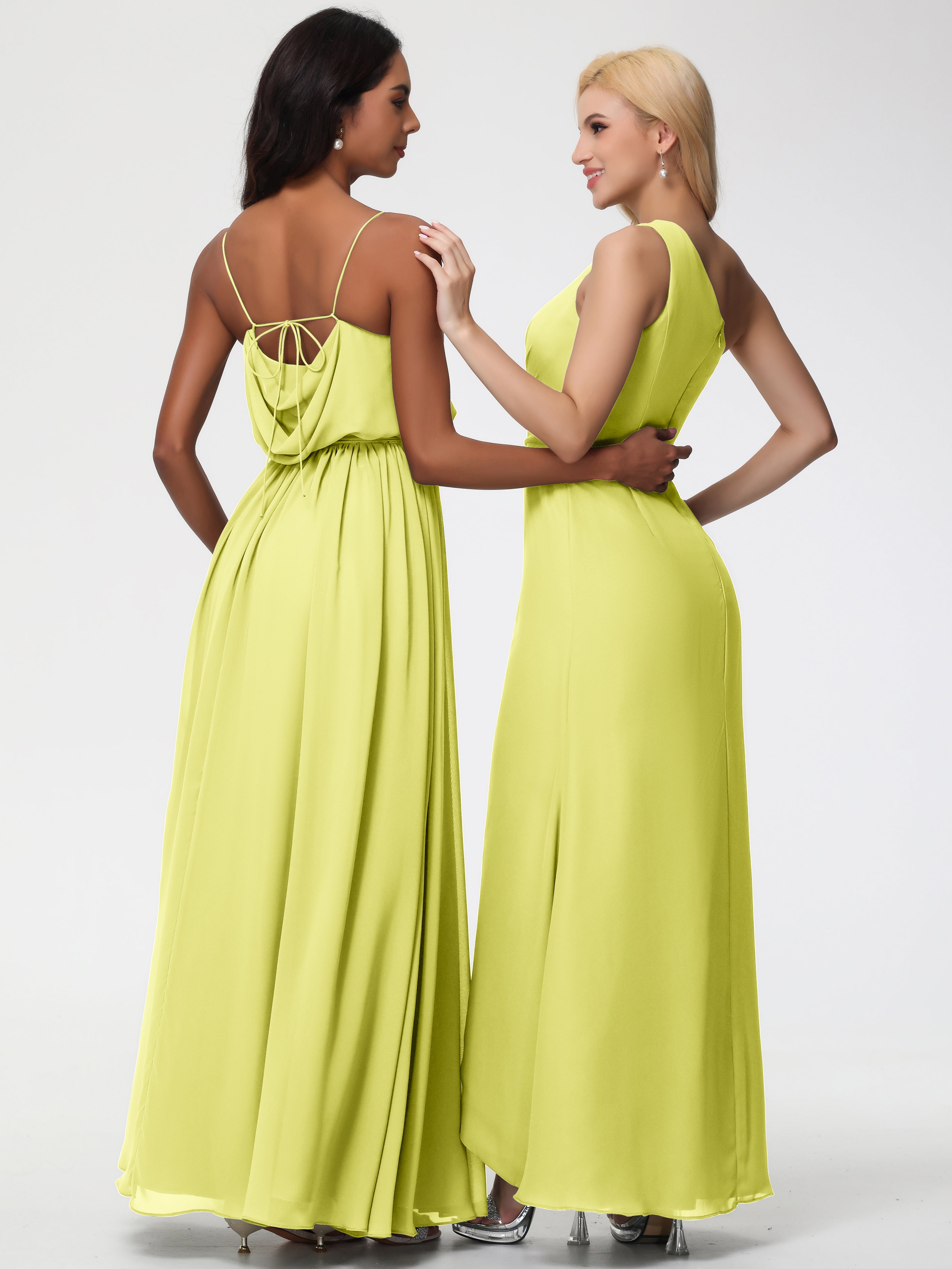A-Line Cowl Spaghetti Straps Sleeveless Long Split Chiffon Bridesmaid Dresses