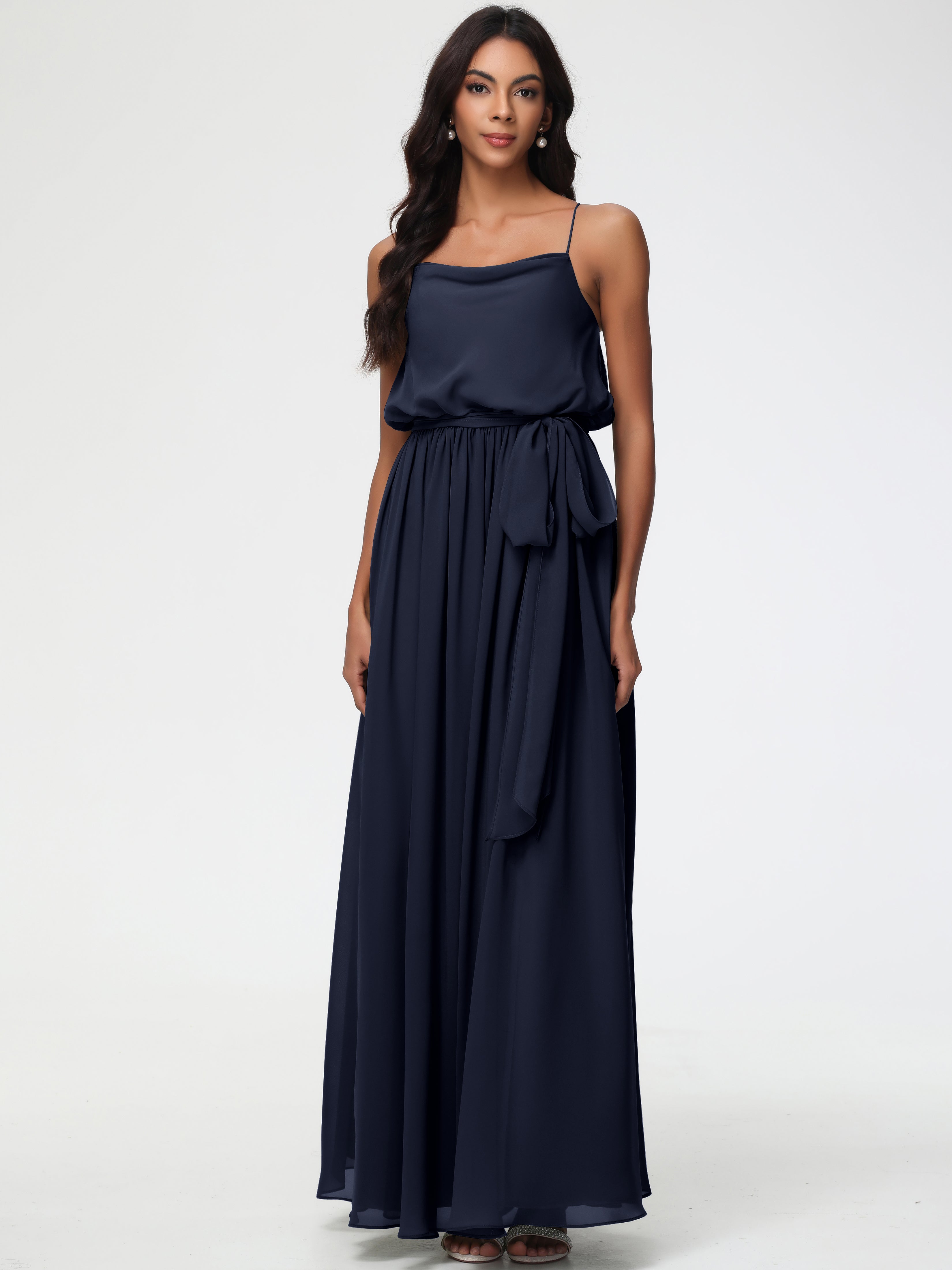 A-Line Cowl Spaghetti Straps Sleeveless Long Split Chiffon Bridesmaid Dresses