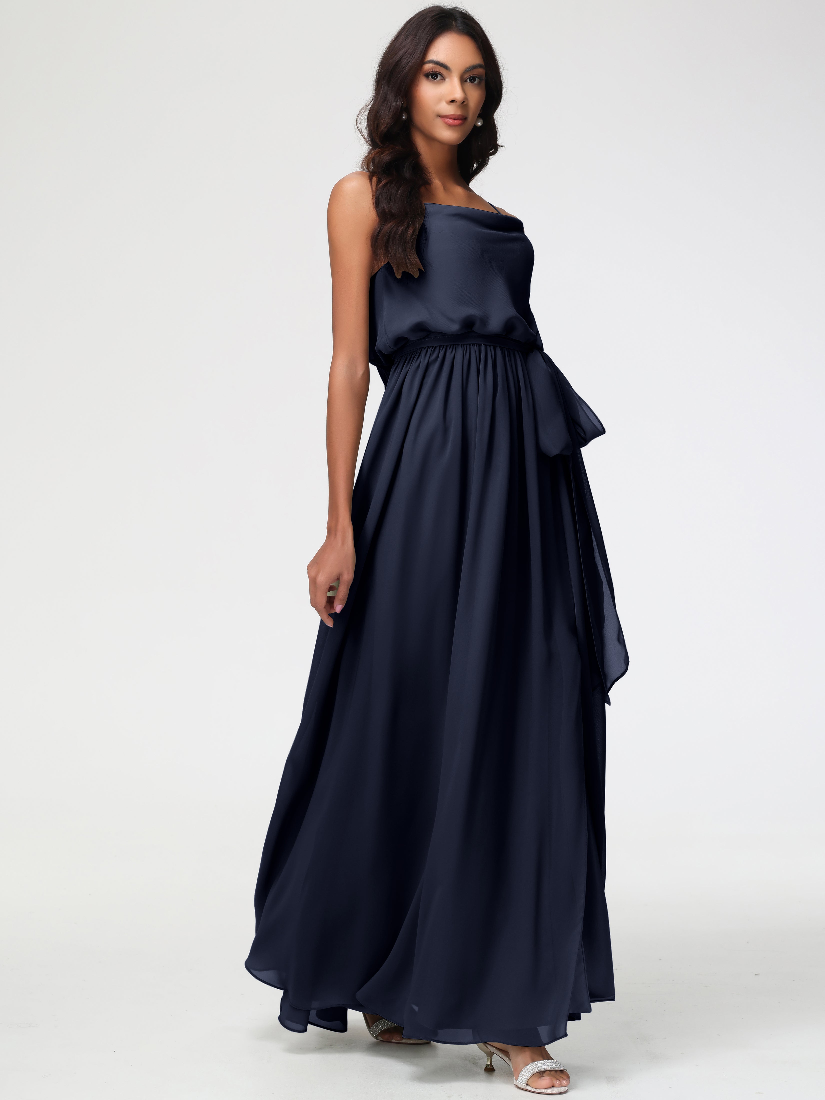 A-Line Cowl Spaghetti Straps Sleeveless Long Split Chiffon Bridesmaid Dresses