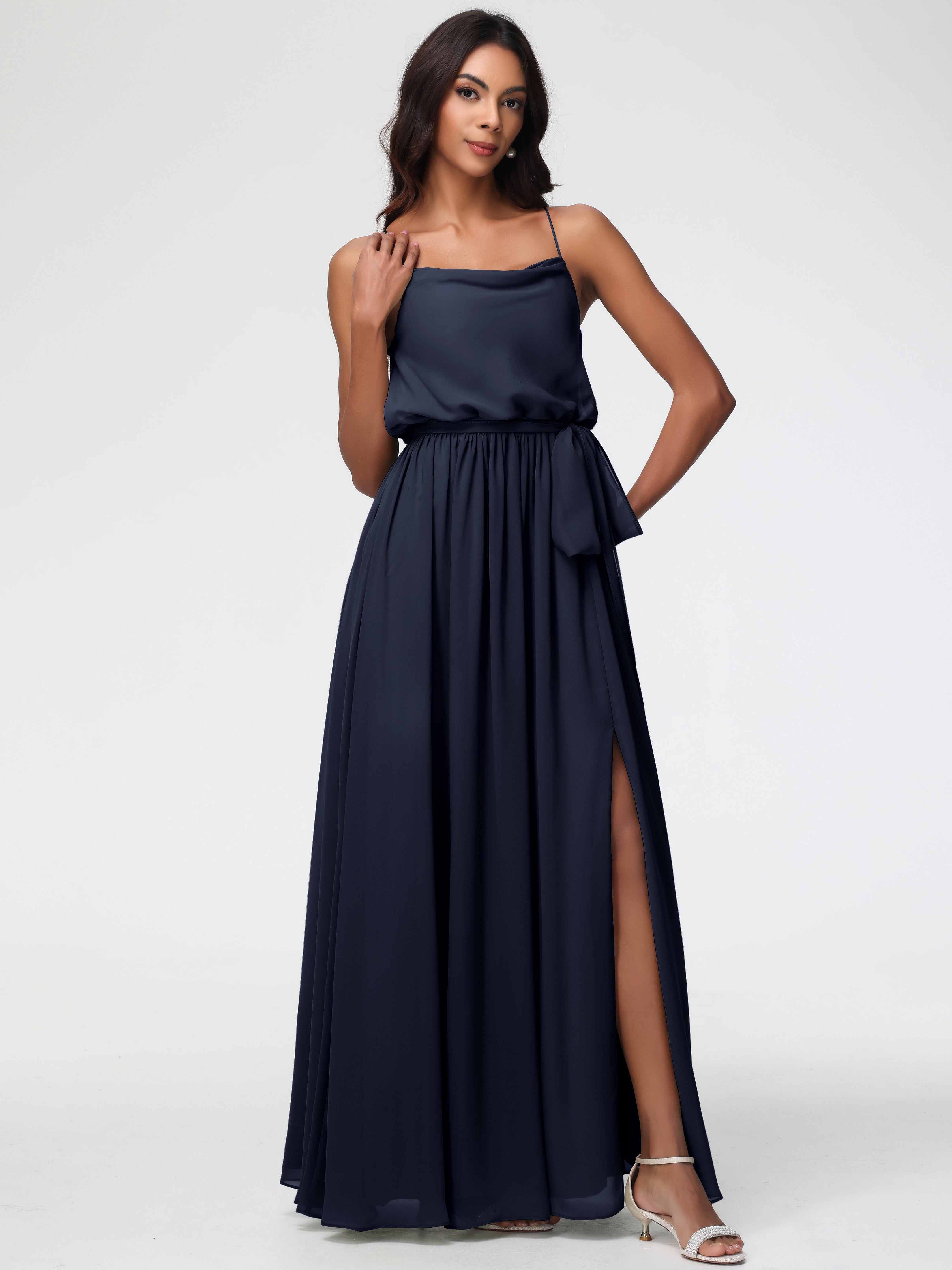 A-Line Cowl Spaghetti Straps Sleeveless Long Split Chiffon Bridesmaid Dresses