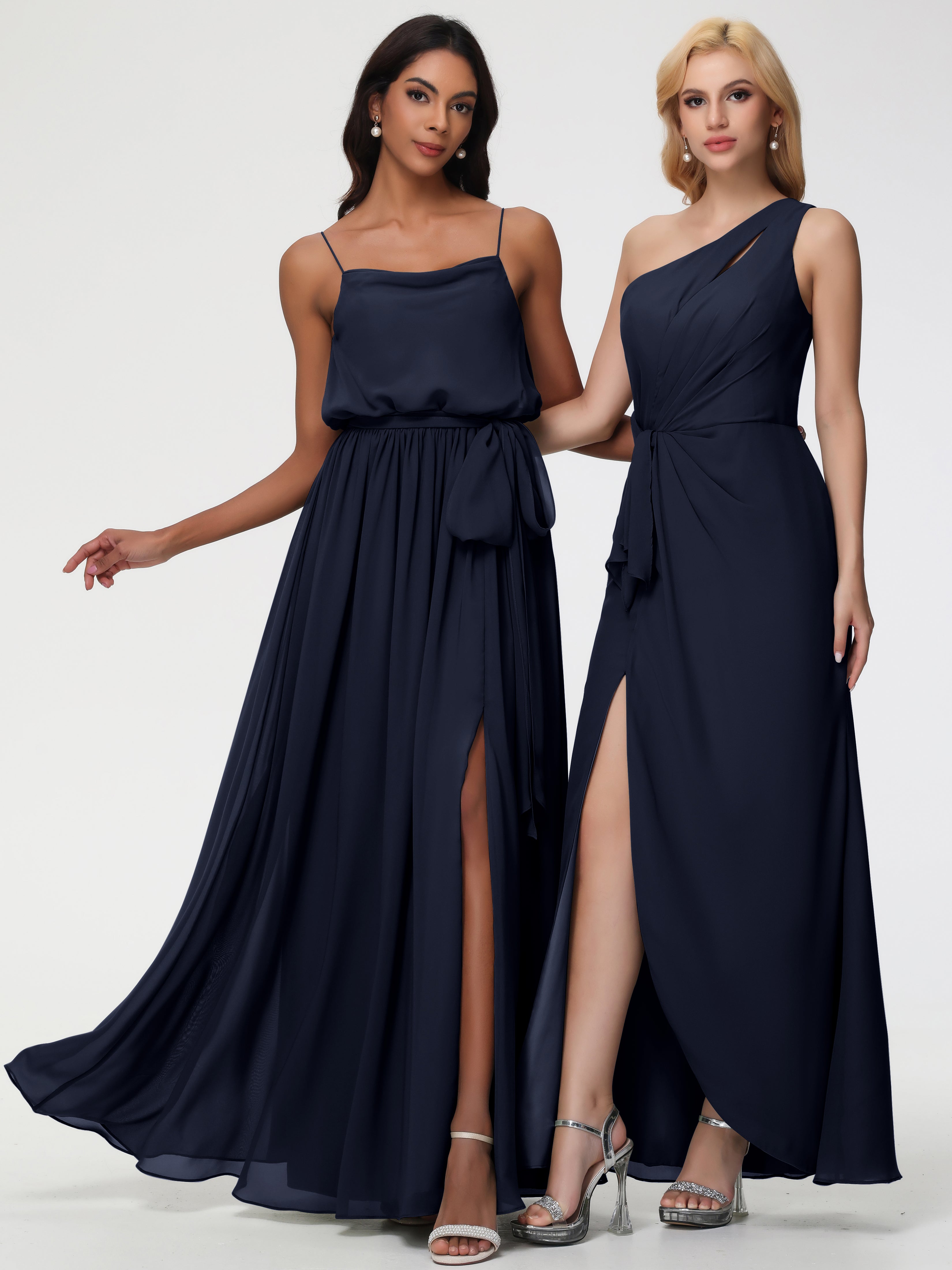 A-Line Cowl Spaghetti Straps Sleeveless Long Split Chiffon Bridesmaid Dresses