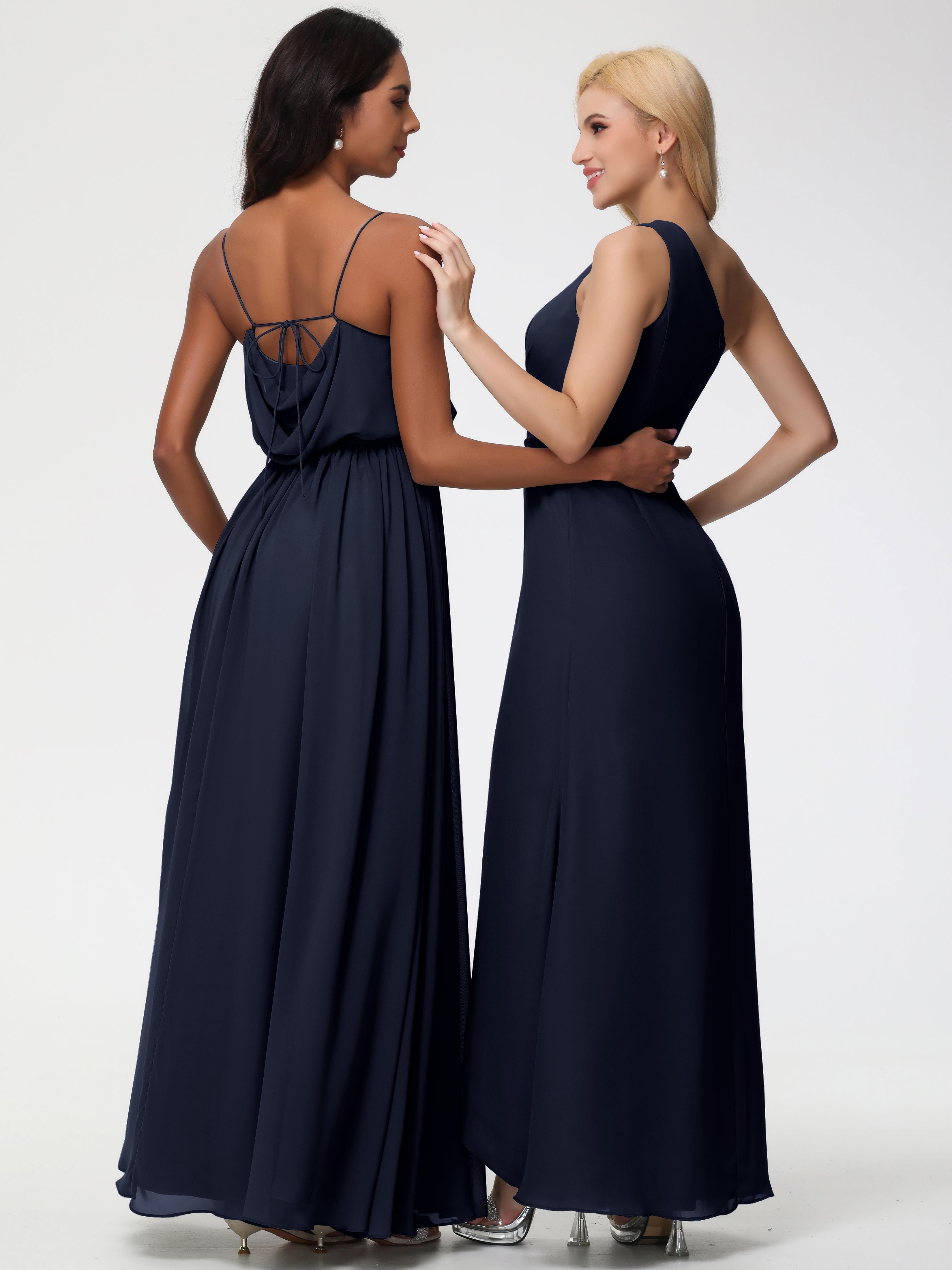 A-Line Cowl Spaghetti Straps Sleeveless Long Split Chiffon Bridesmaid Dresses