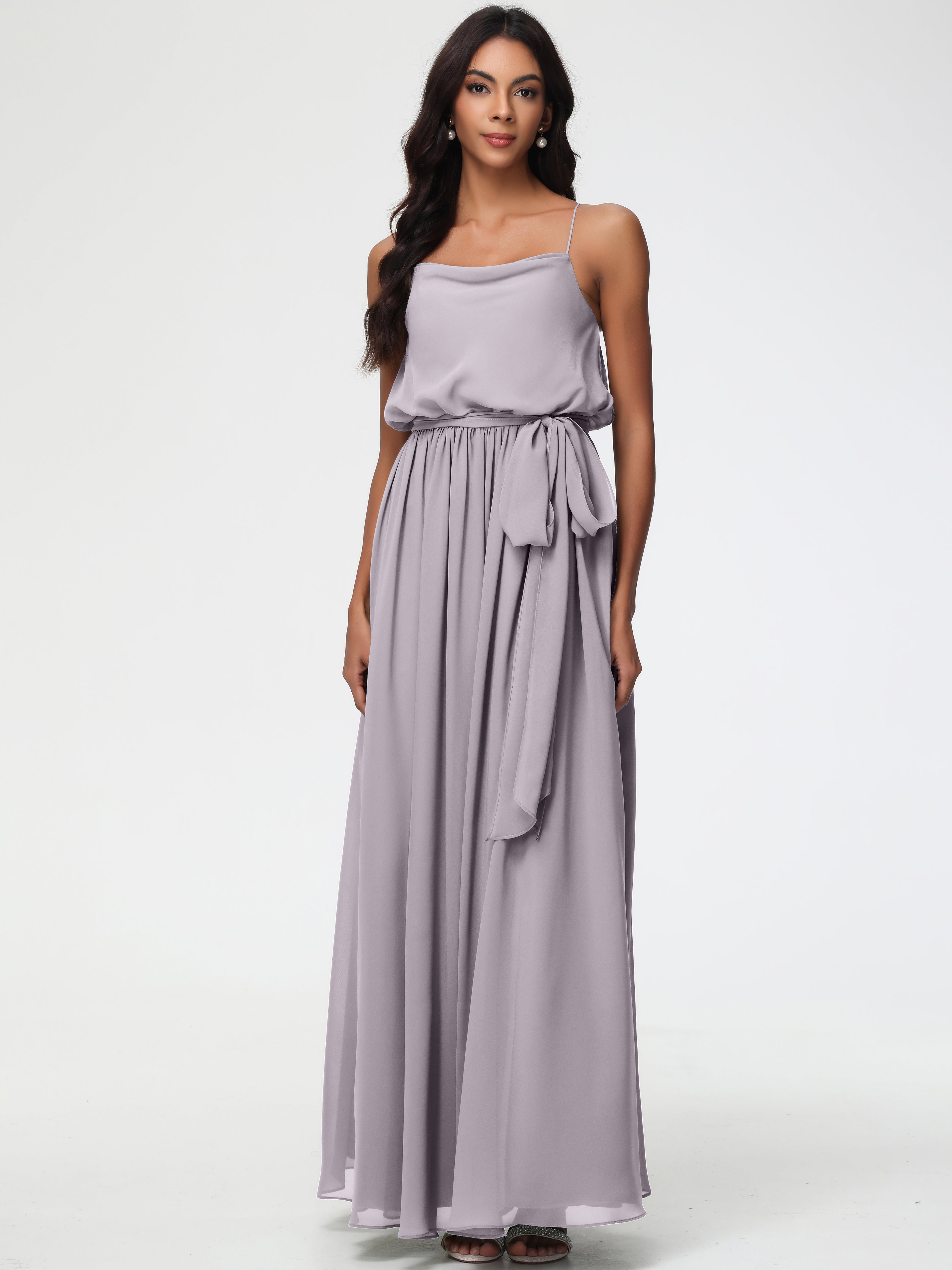 A-Line Cowl Spaghetti Straps Sleeveless Long Split Chiffon Bridesmaid Dresses