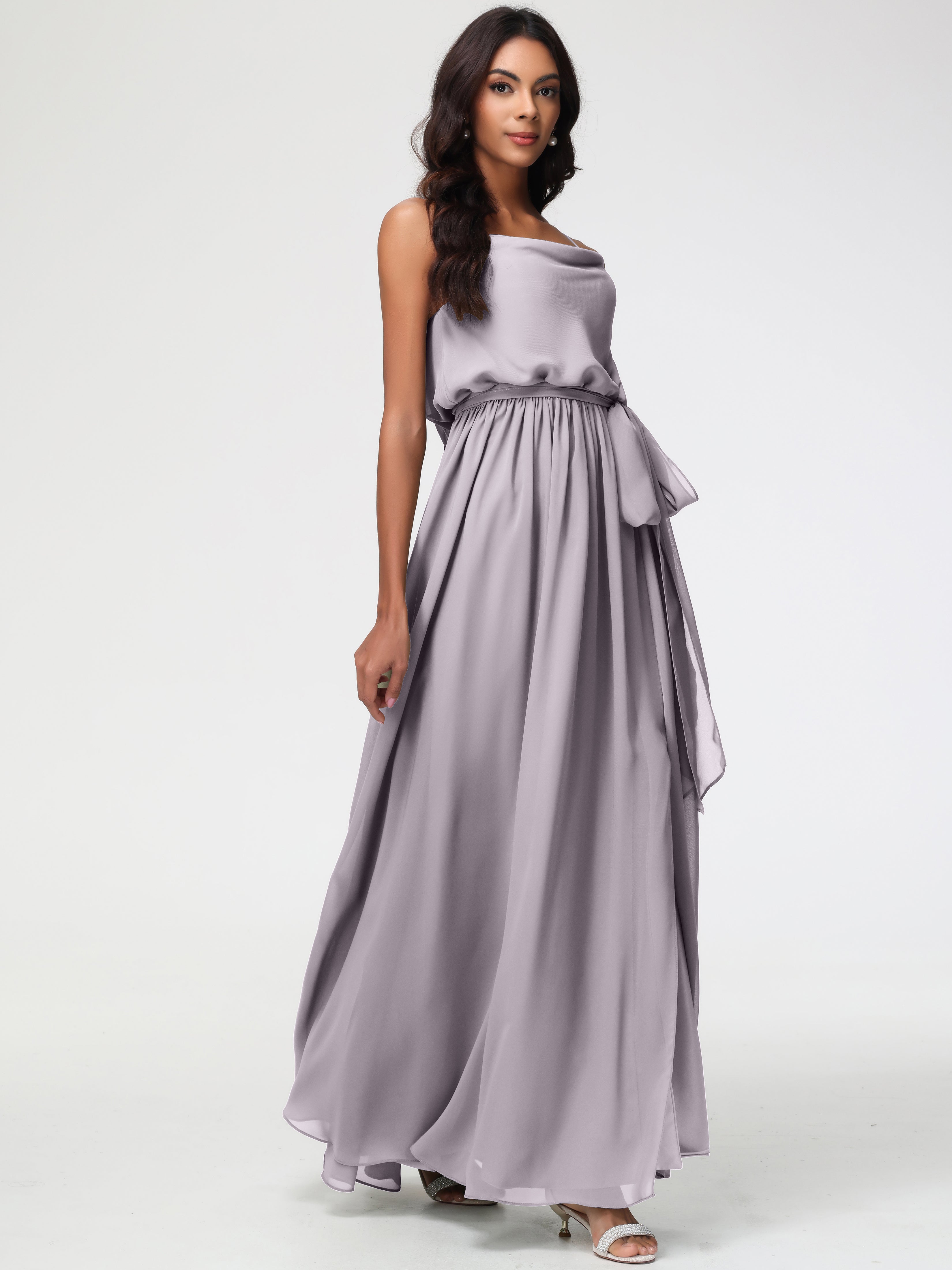 A-Line Cowl Spaghetti Straps Sleeveless Long Split Chiffon Bridesmaid Dresses