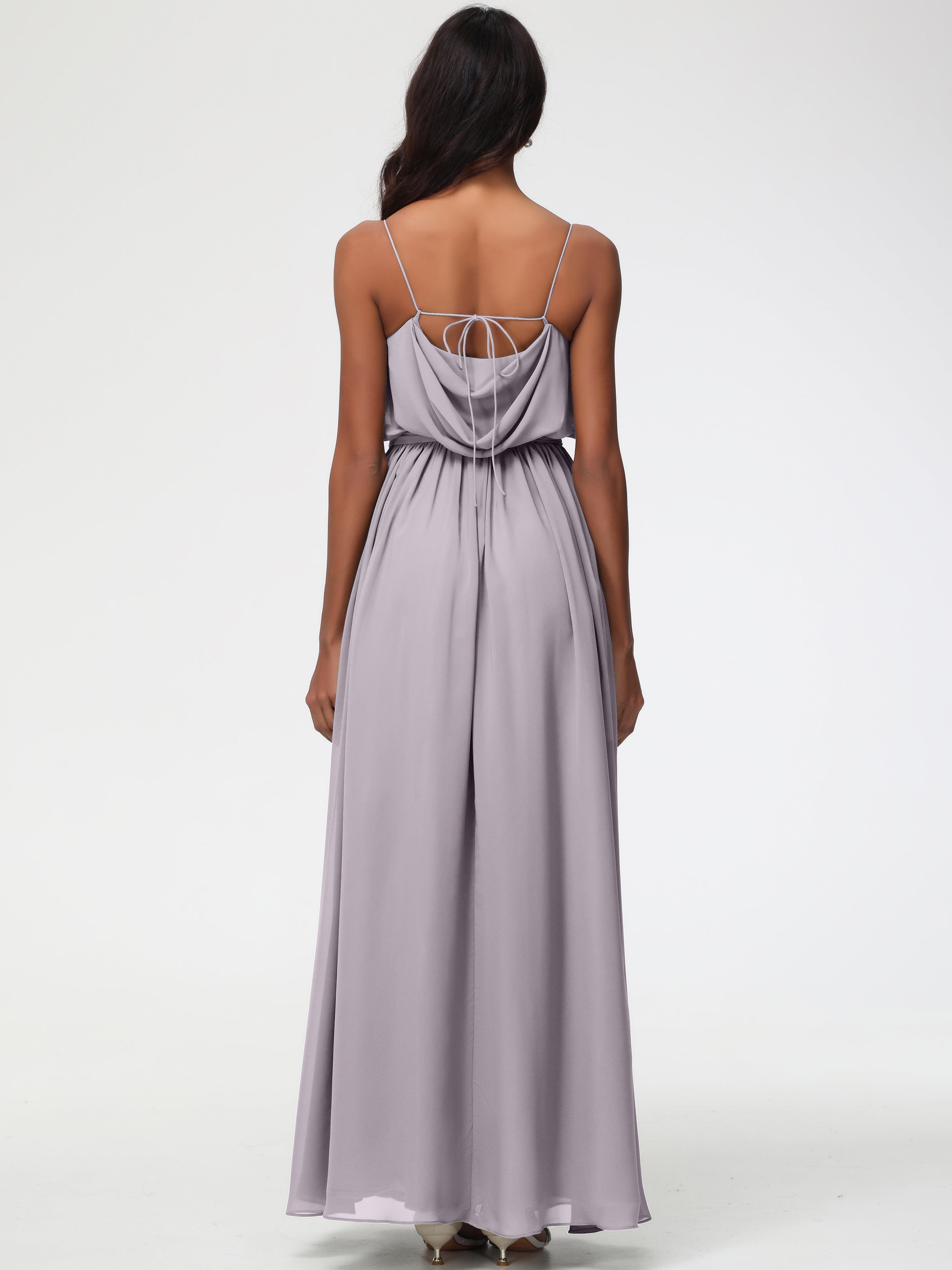 A-Line Cowl Spaghetti Straps Sleeveless Long Split Chiffon Bridesmaid Dresses