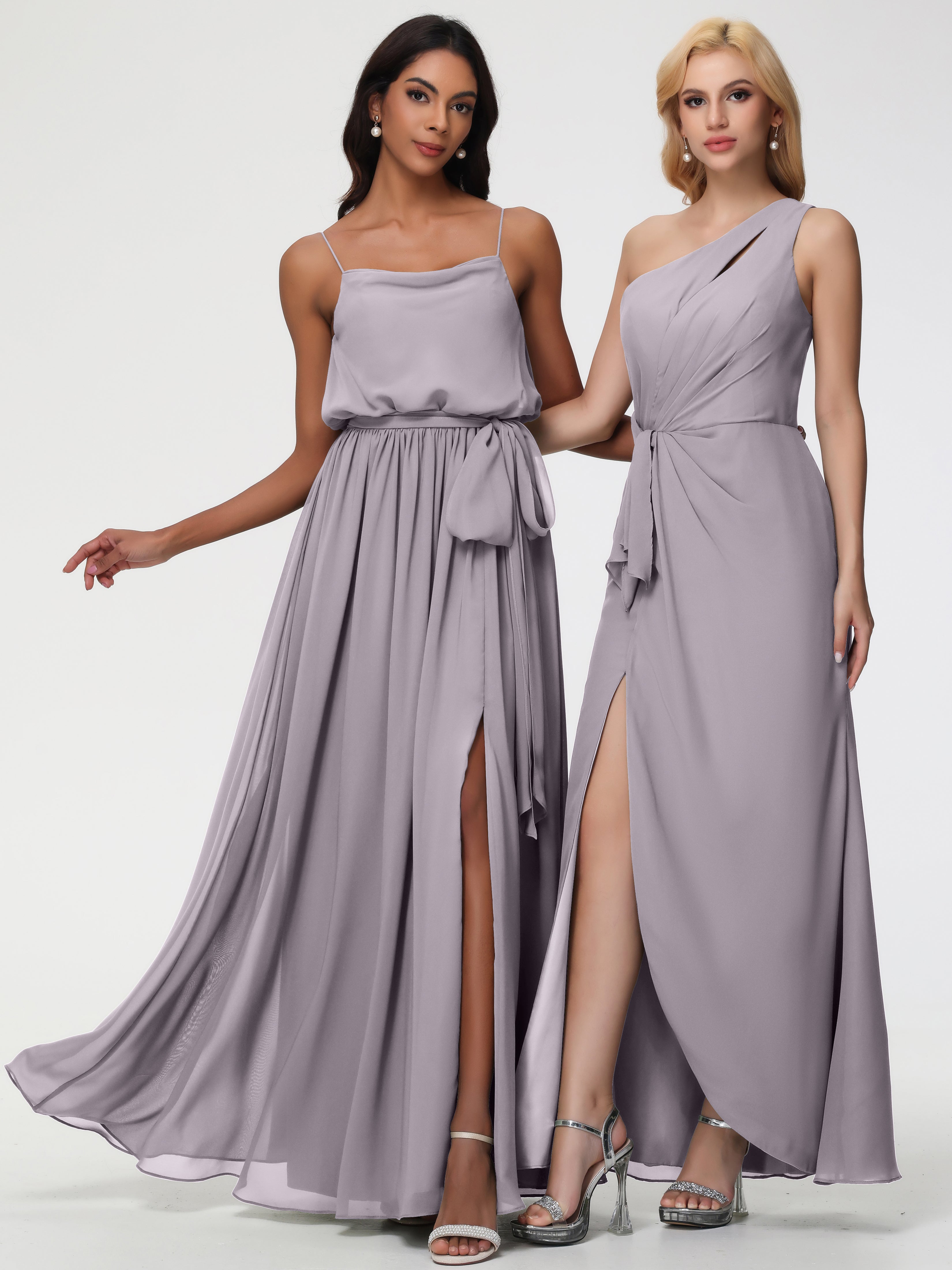 A-Line Cowl Spaghetti Straps Sleeveless Long Split Chiffon Bridesmaid Dresses