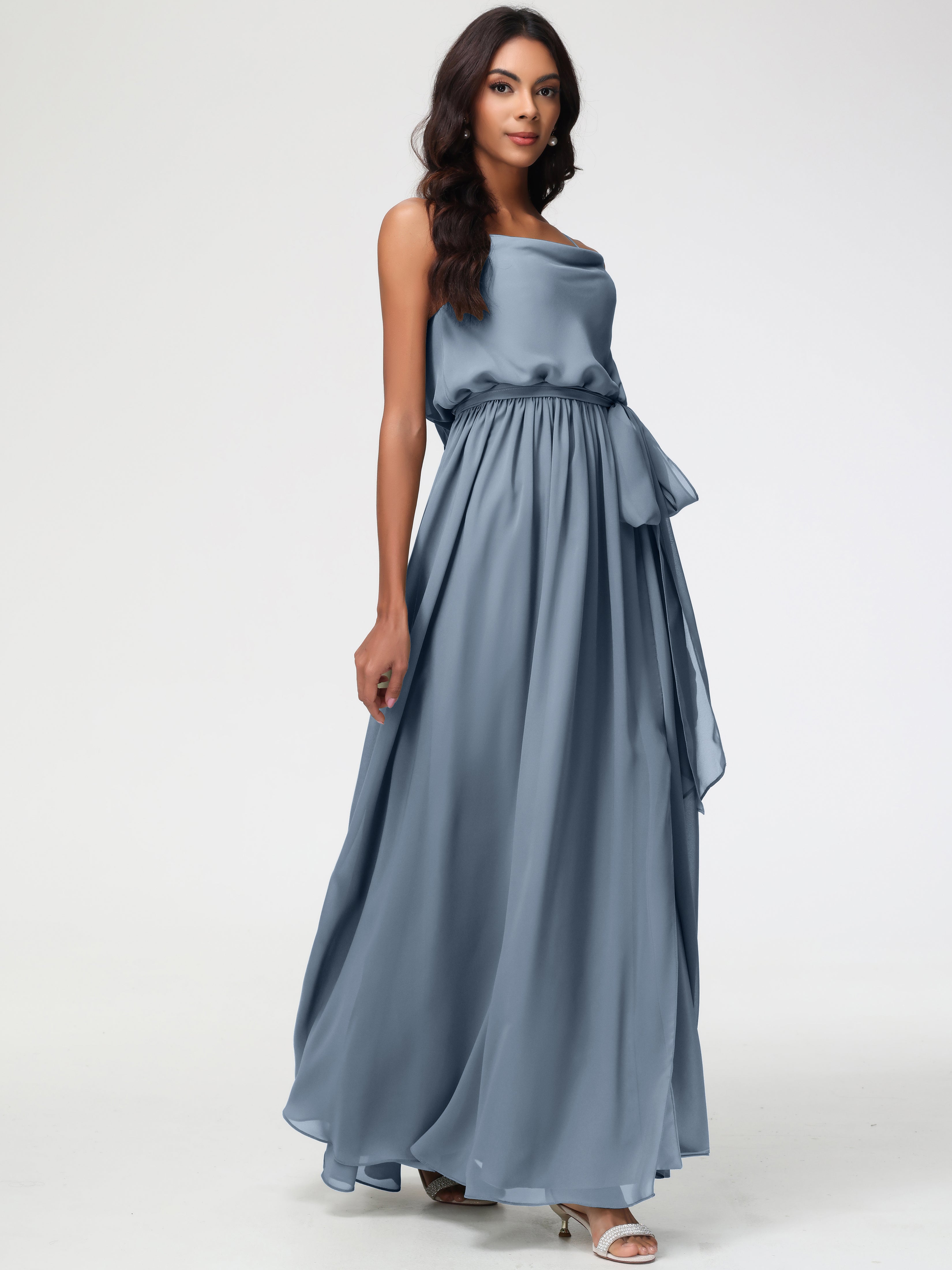 A-Line Cowl Spaghetti Straps Sleeveless Long Split Chiffon Bridesmaid Dresses