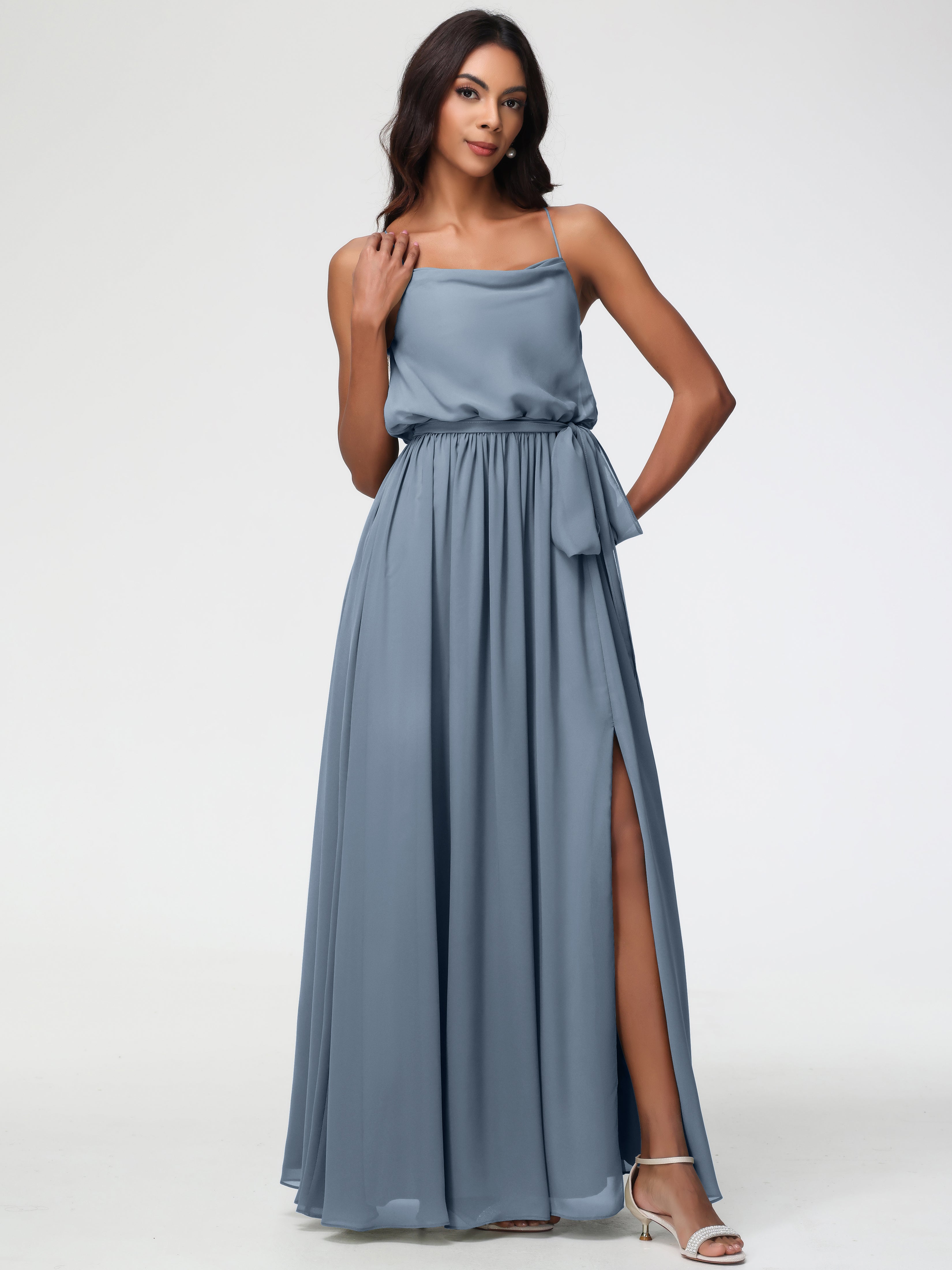 A-Line Cowl Spaghetti Straps Sleeveless Long Split Chiffon Bridesmaid Dresses