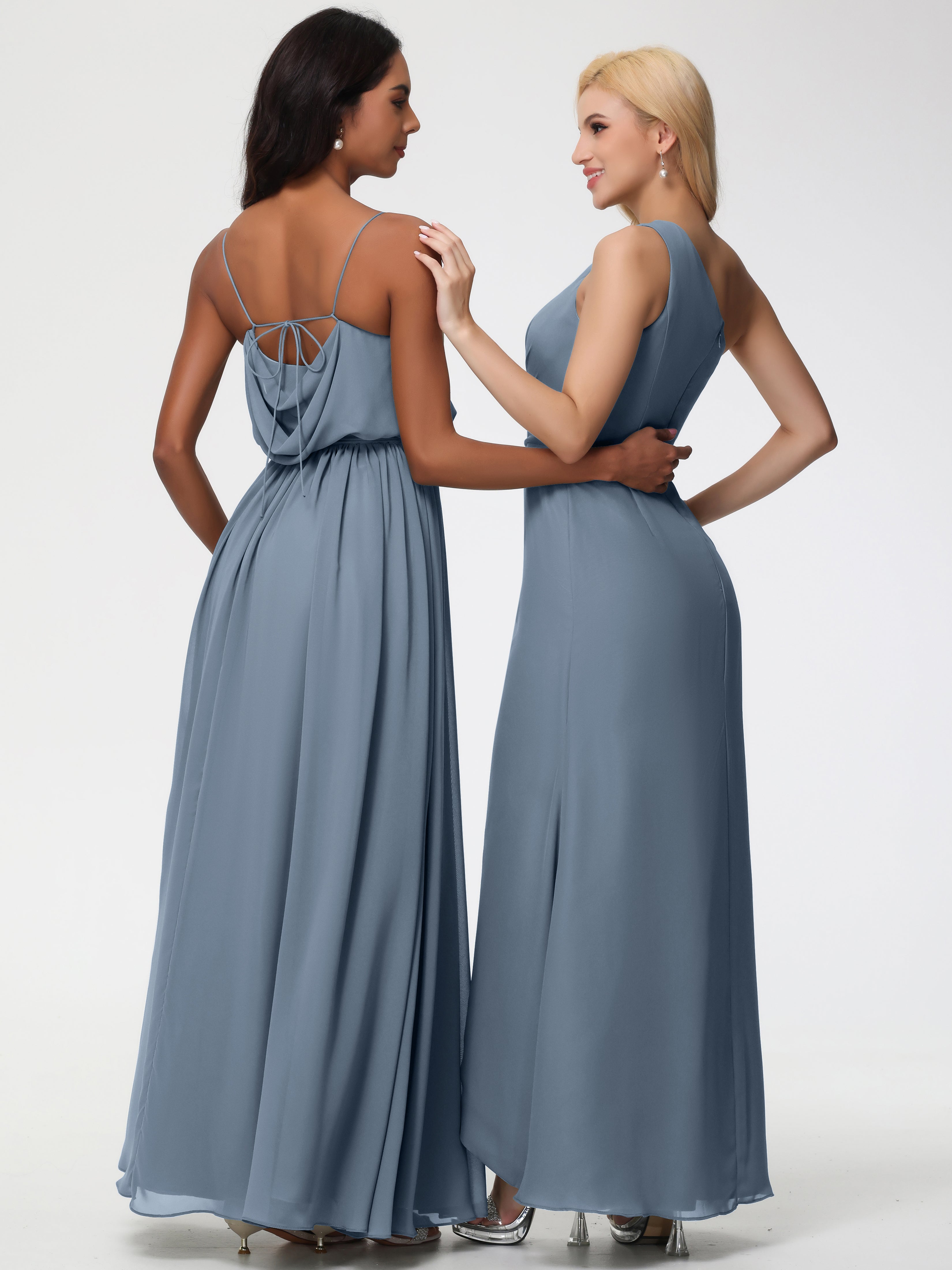 A-Line Cowl Spaghetti Straps Sleeveless Long Split Chiffon Bridesmaid Dresses