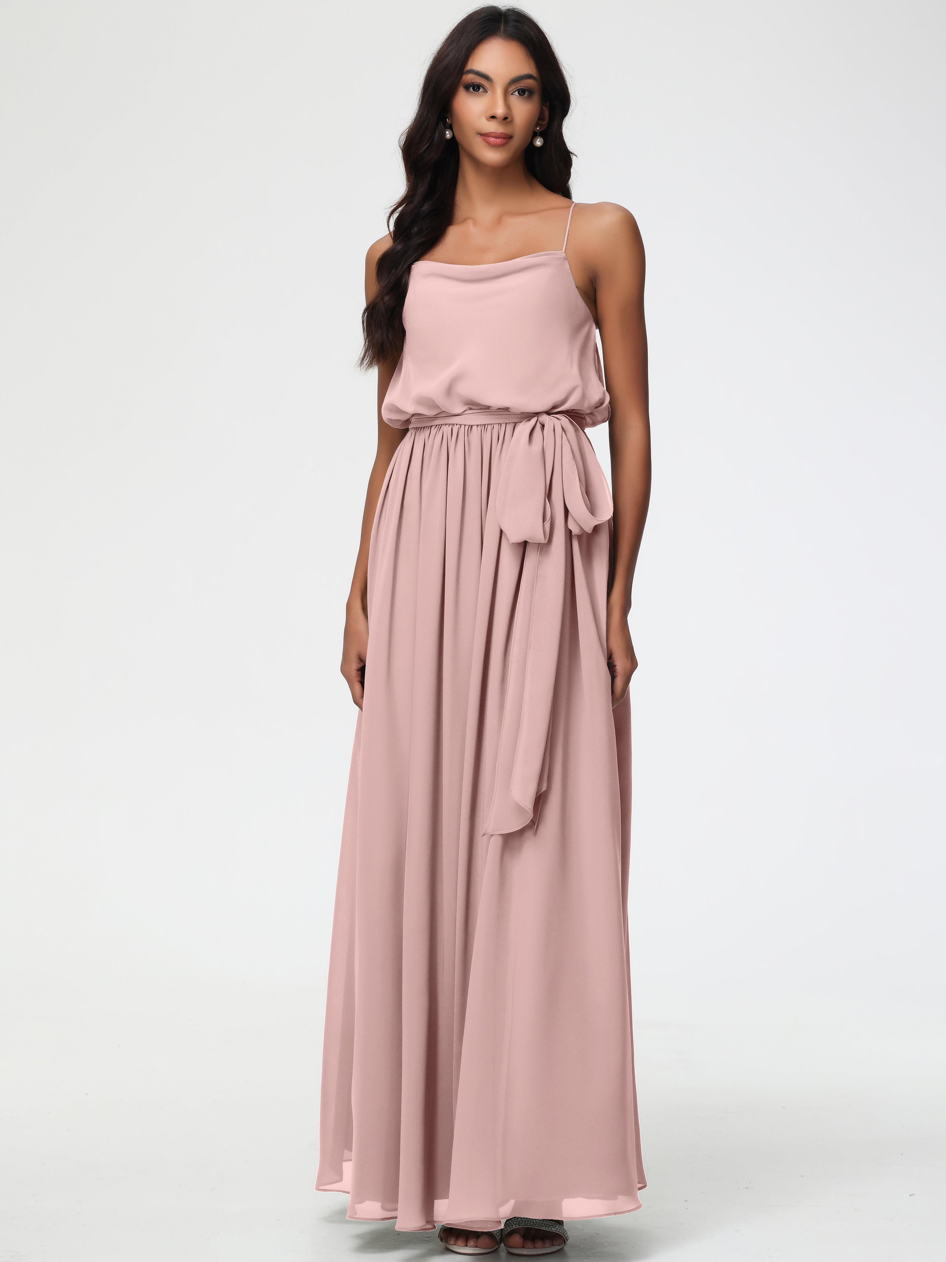 A-Line Cowl Spaghetti Straps Sleeveless Long Split Chiffon Bridesmaid Dresses