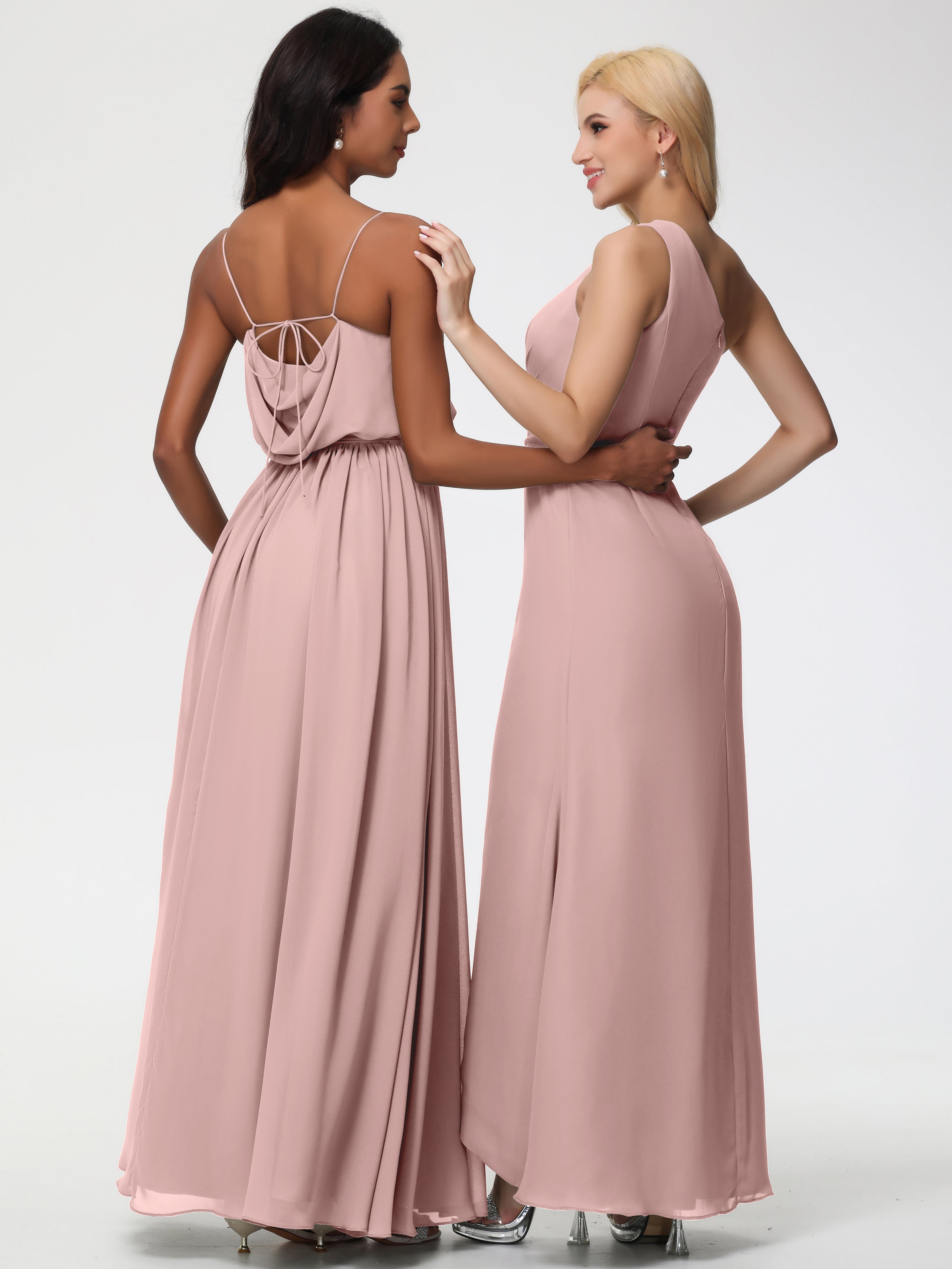 A-Line Cowl Spaghetti Straps Sleeveless Long Split Chiffon Bridesmaid Dresses
