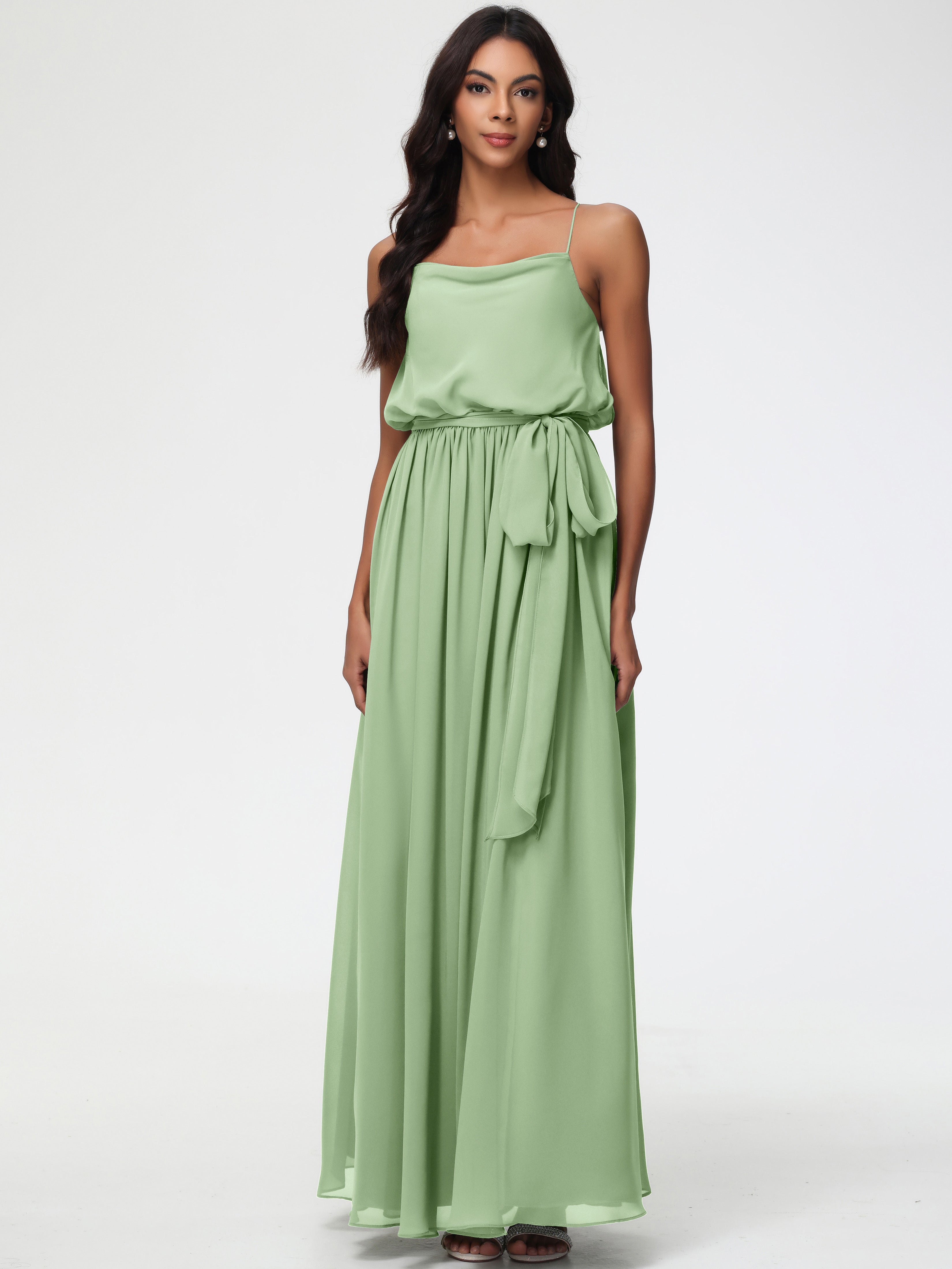A-Line Cowl Spaghetti Straps Sleeveless Long Split Chiffon Bridesmaid Dresses