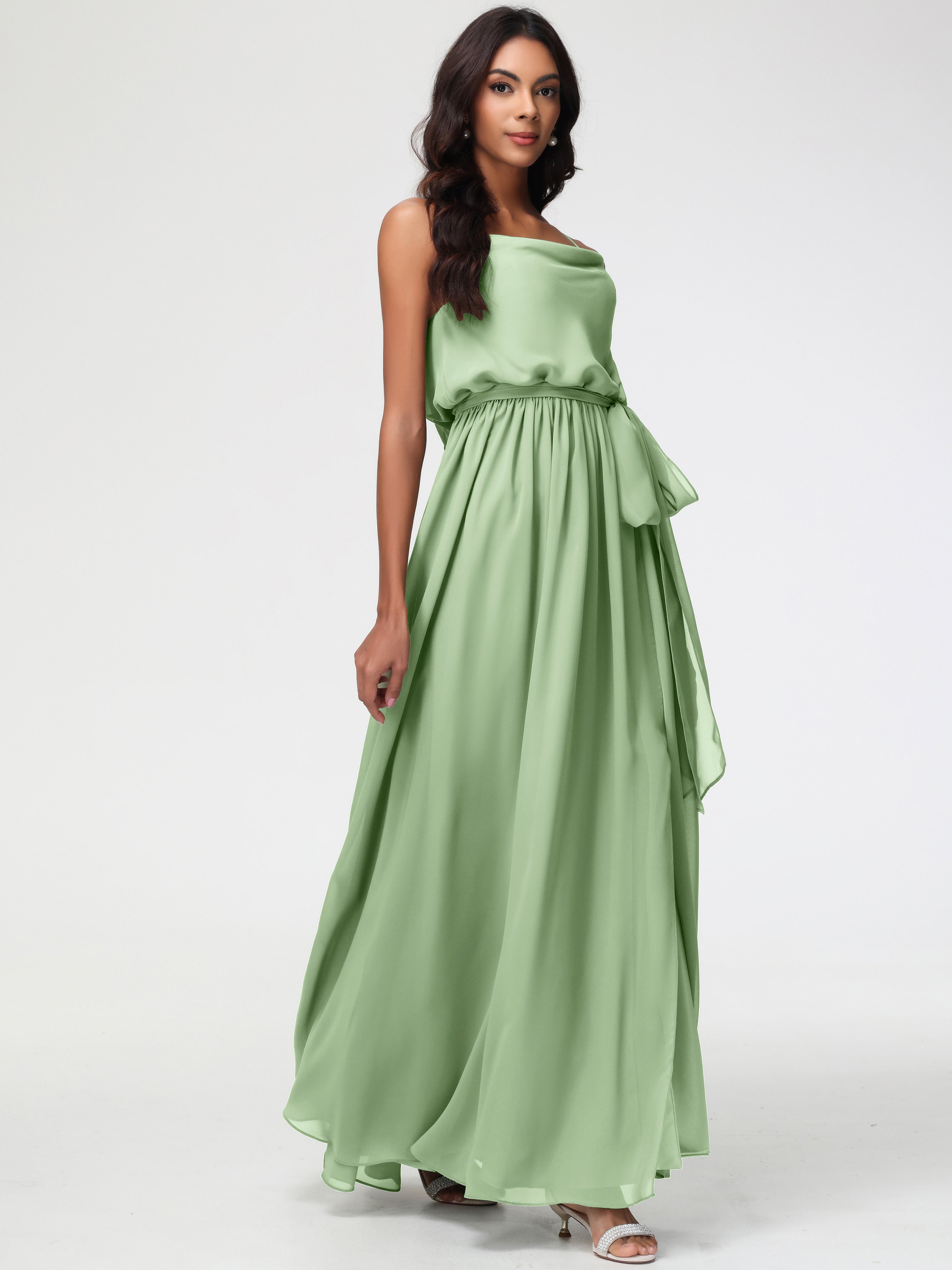 A-Line Cowl Spaghetti Straps Sleeveless Long Split Chiffon Bridesmaid Dresses