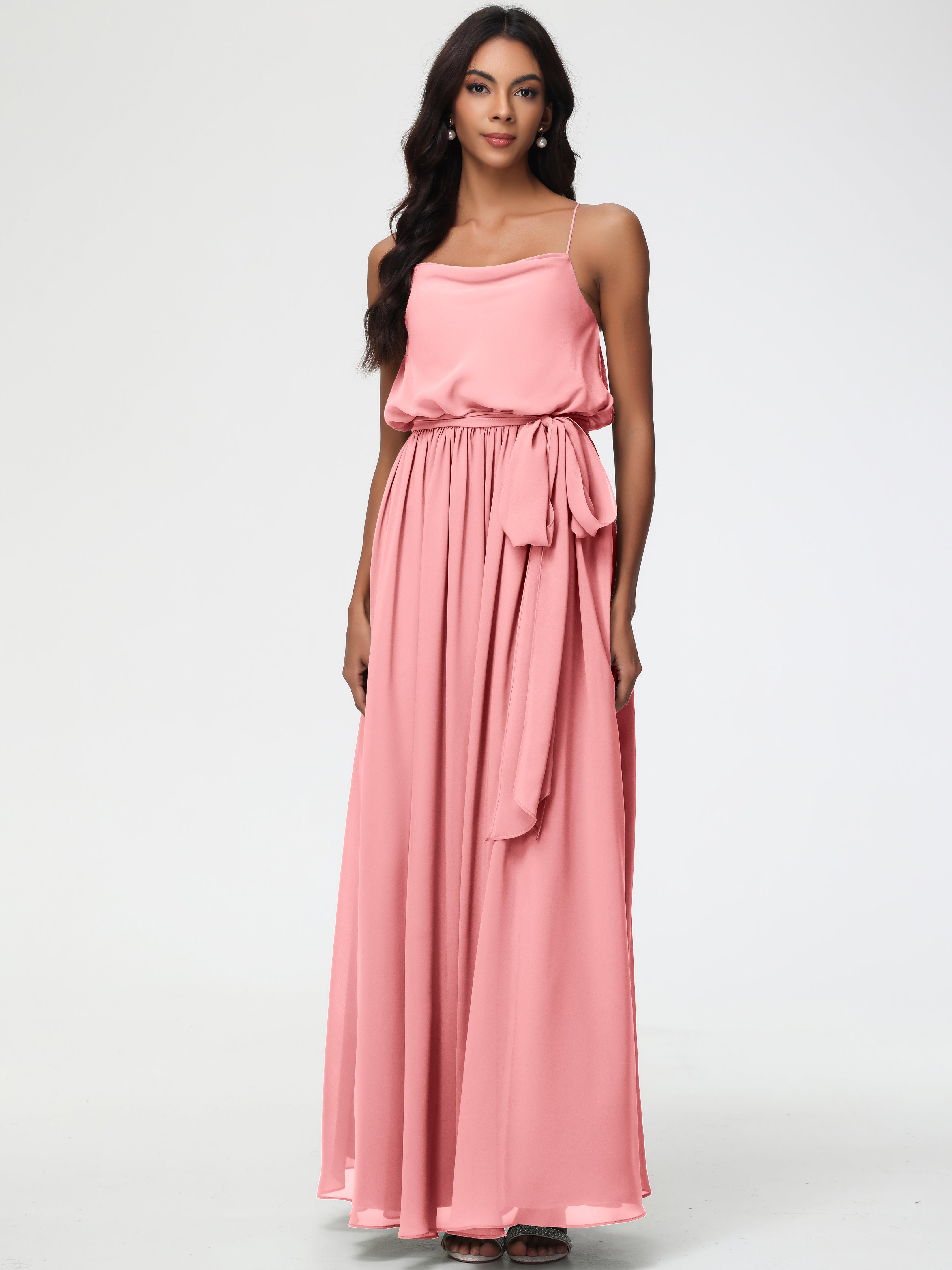 A-Line Cowl Spaghetti Straps Sleeveless Long Split Chiffon Bridesmaid Dresses