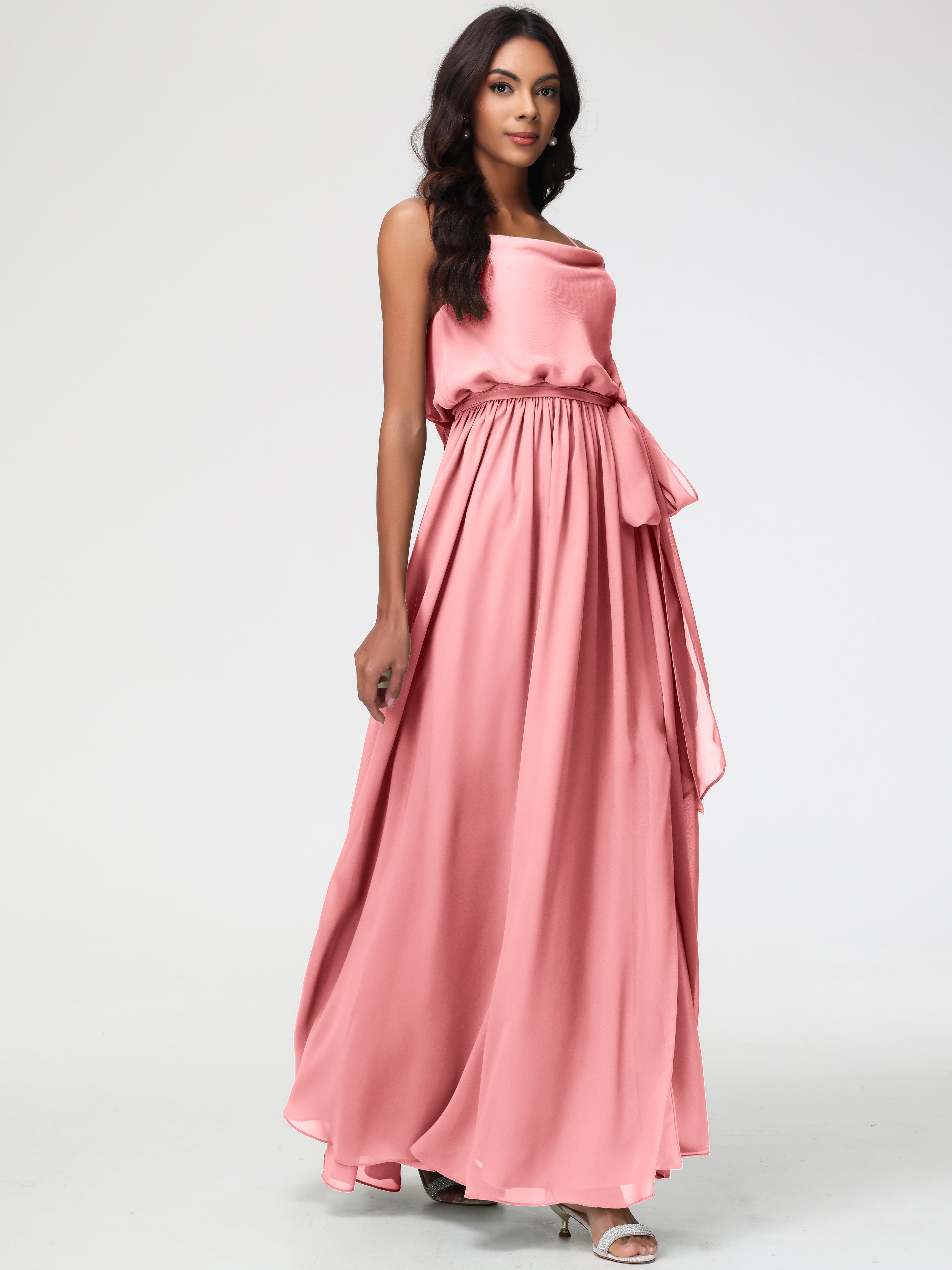 A-Line Cowl Spaghetti Straps Sleeveless Long Split Chiffon Bridesmaid Dresses