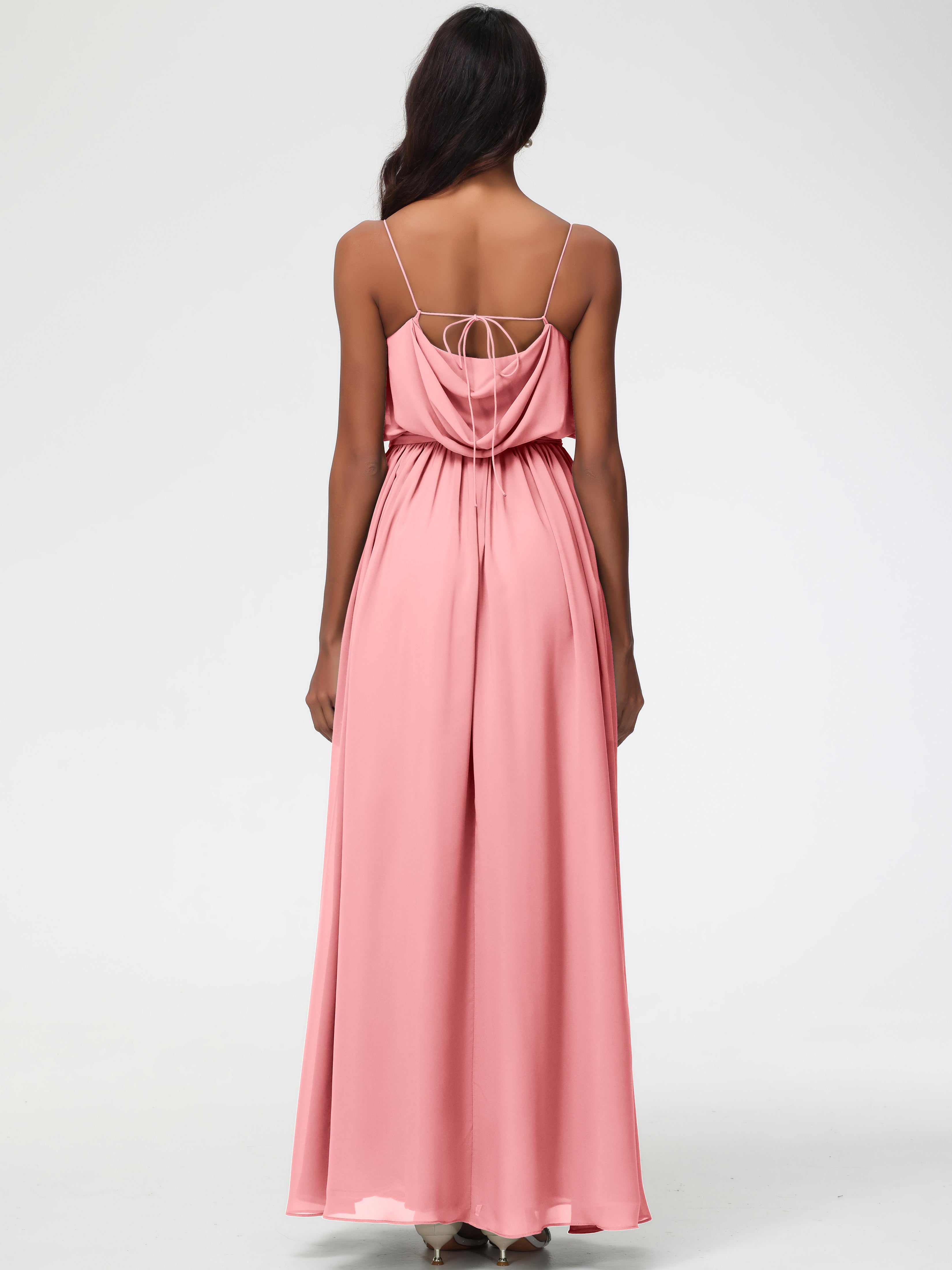 A-Line Cowl Spaghetti Straps Sleeveless Long Split Chiffon Bridesmaid Dresses