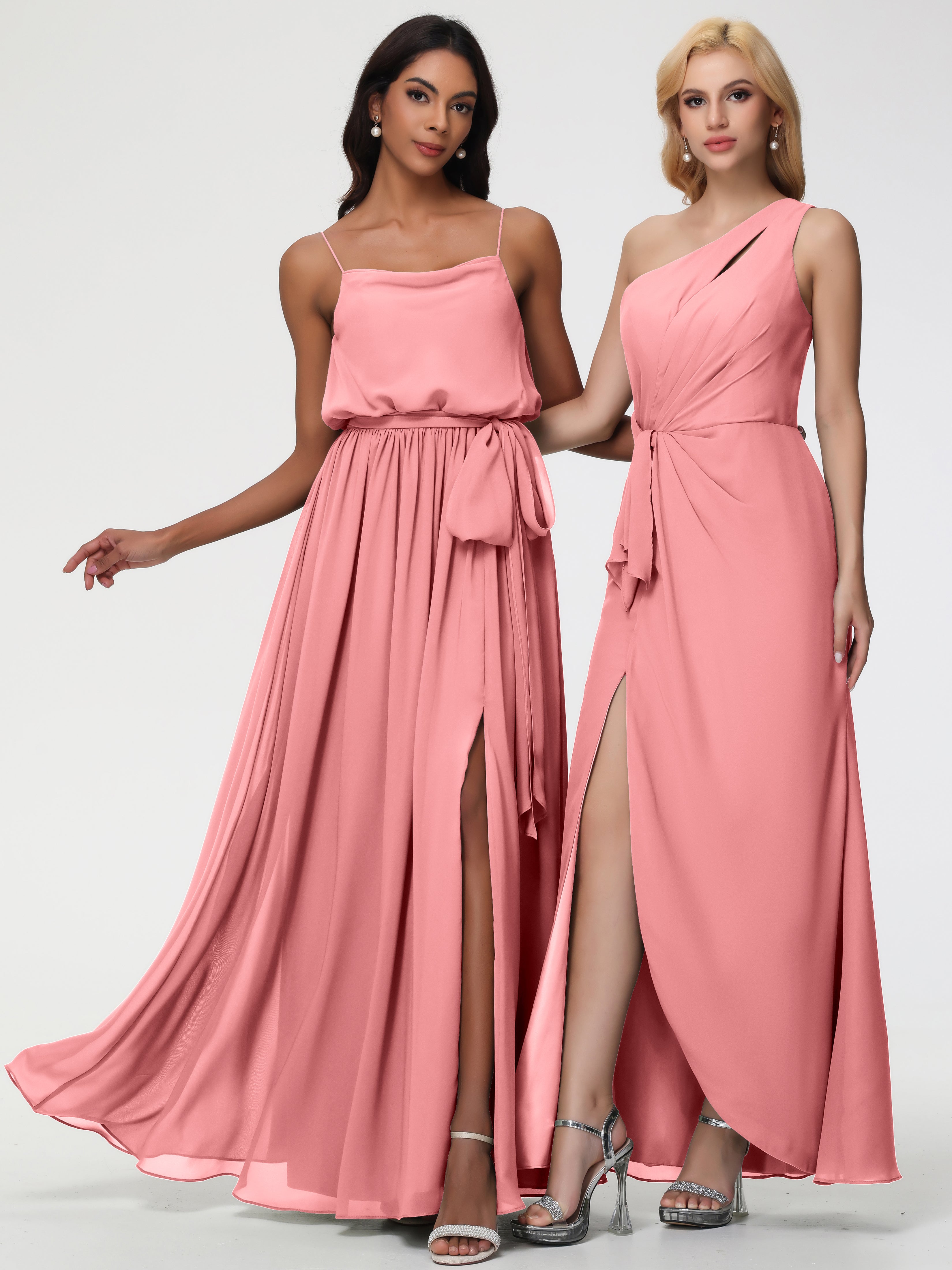 A-Line Cowl Spaghetti Straps Sleeveless Long Split Chiffon Bridesmaid Dresses