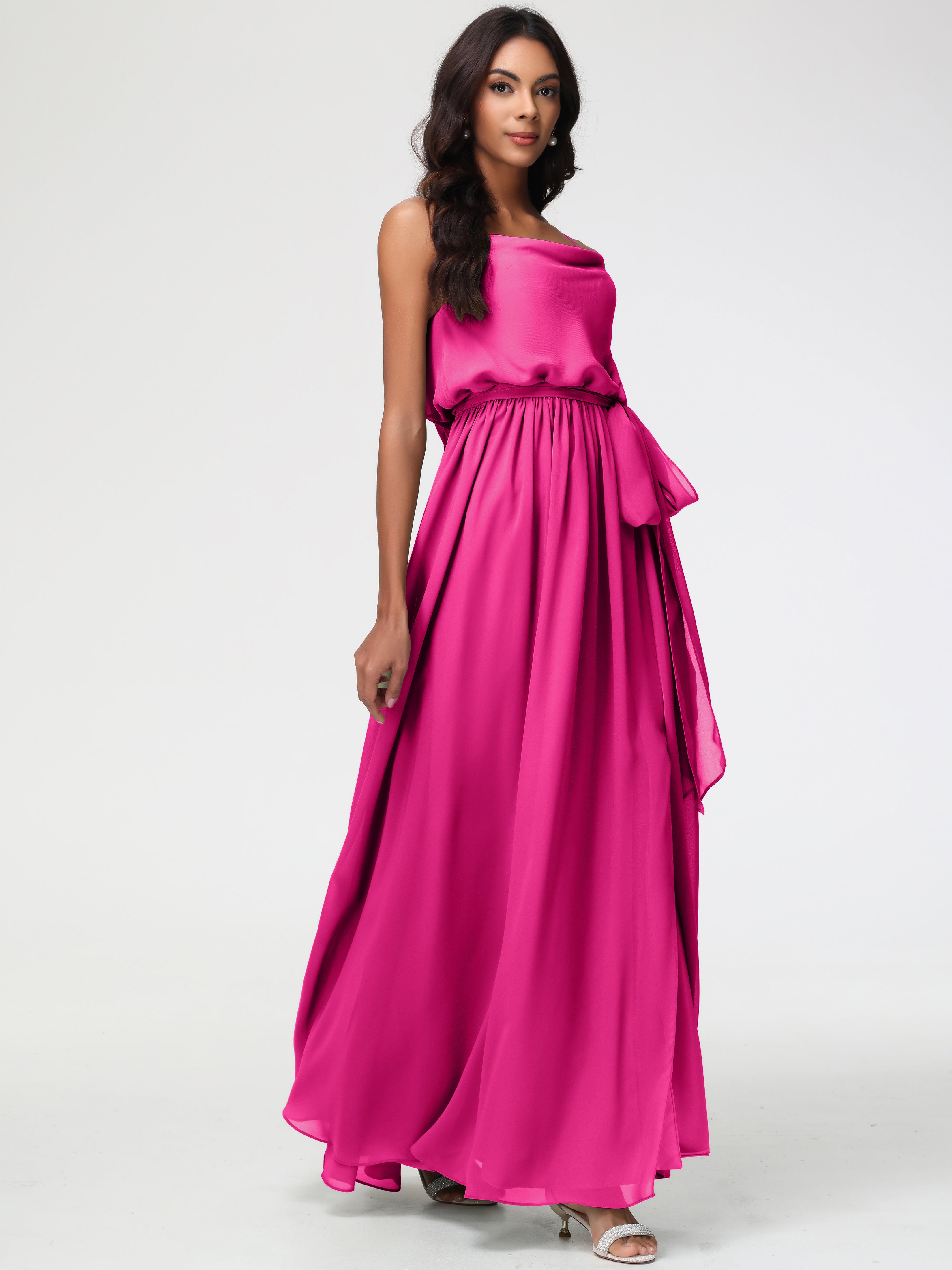 A-Line Cowl Spaghetti Straps Sleeveless Long Split Chiffon Bridesmaid Dresses