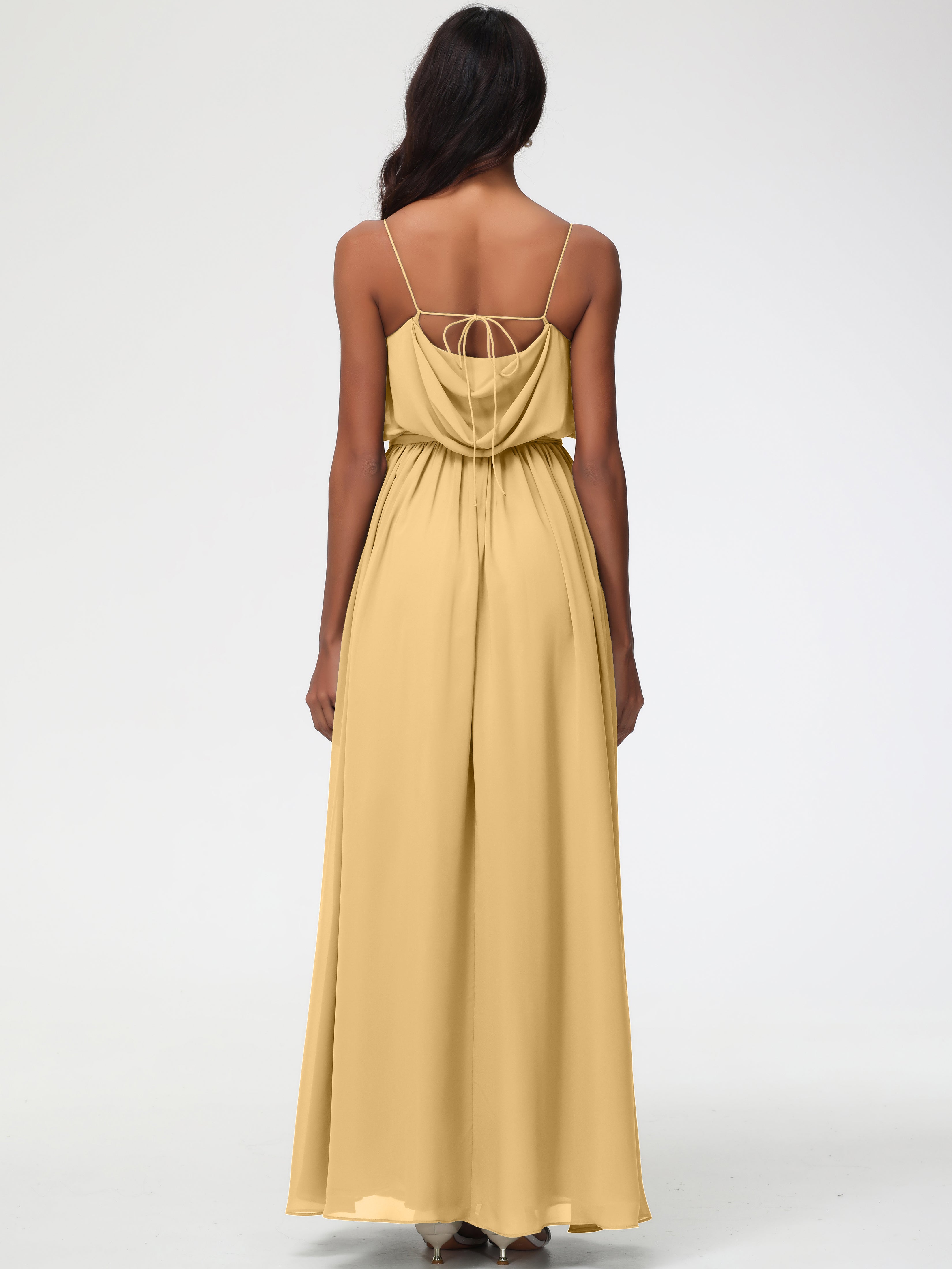A-Line Cowl Spaghetti Straps Sleeveless Long Split Chiffon Bridesmaid Dresses