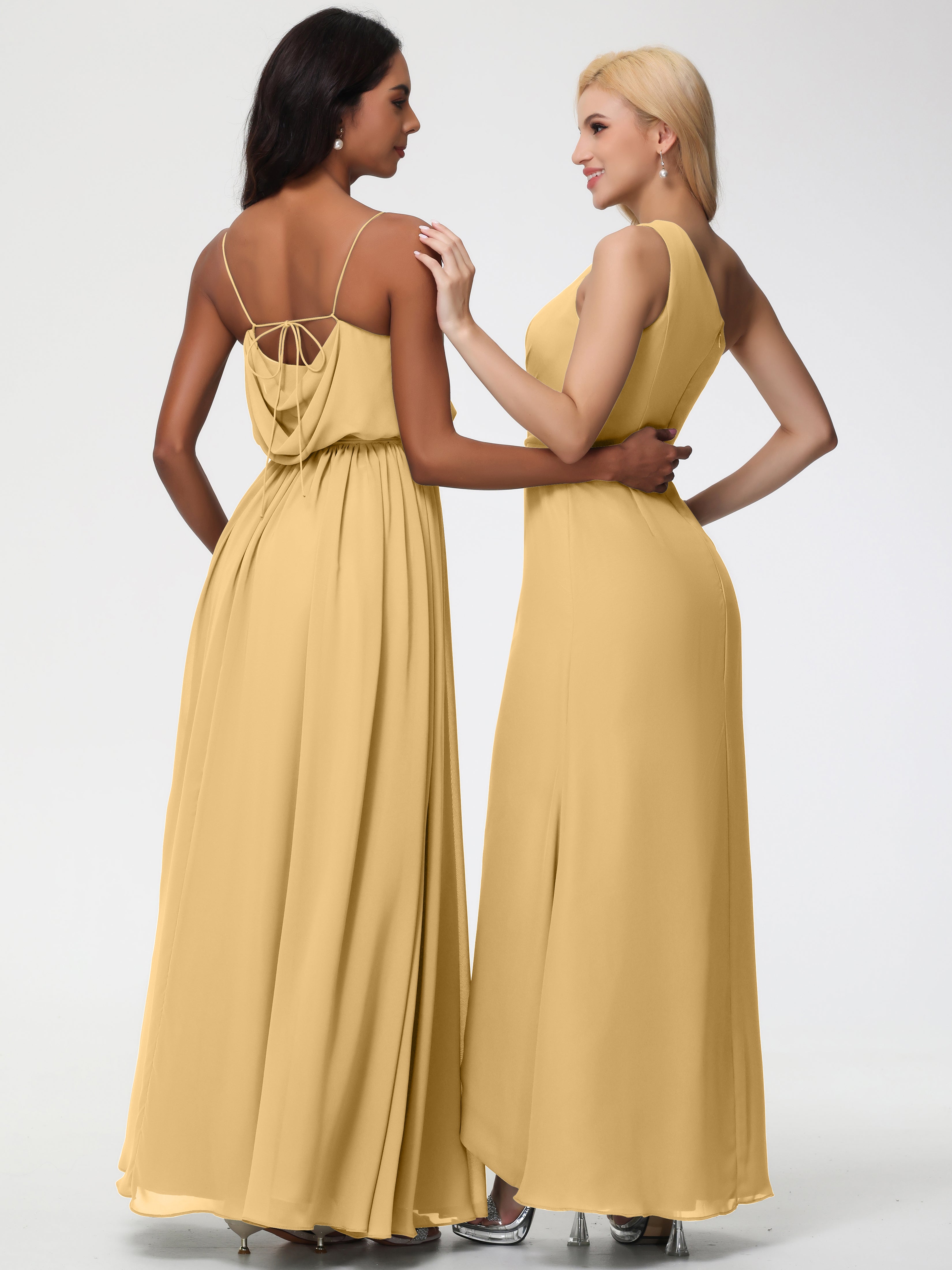 A-Line Cowl Spaghetti Straps Sleeveless Long Split Chiffon Bridesmaid Dresses