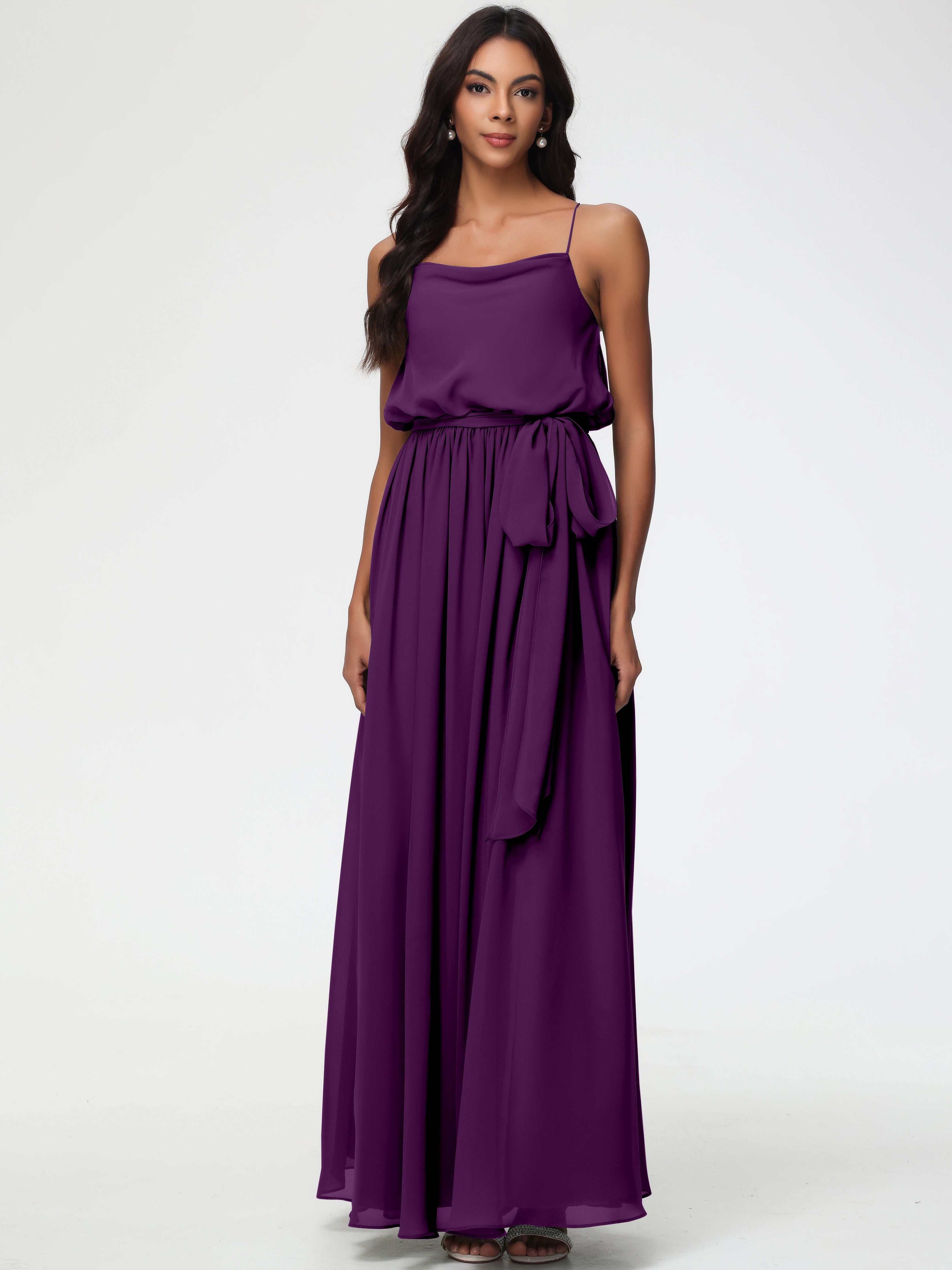 A-Line Cowl Spaghetti Straps Sleeveless Long Split Chiffon Bridesmaid Dresses