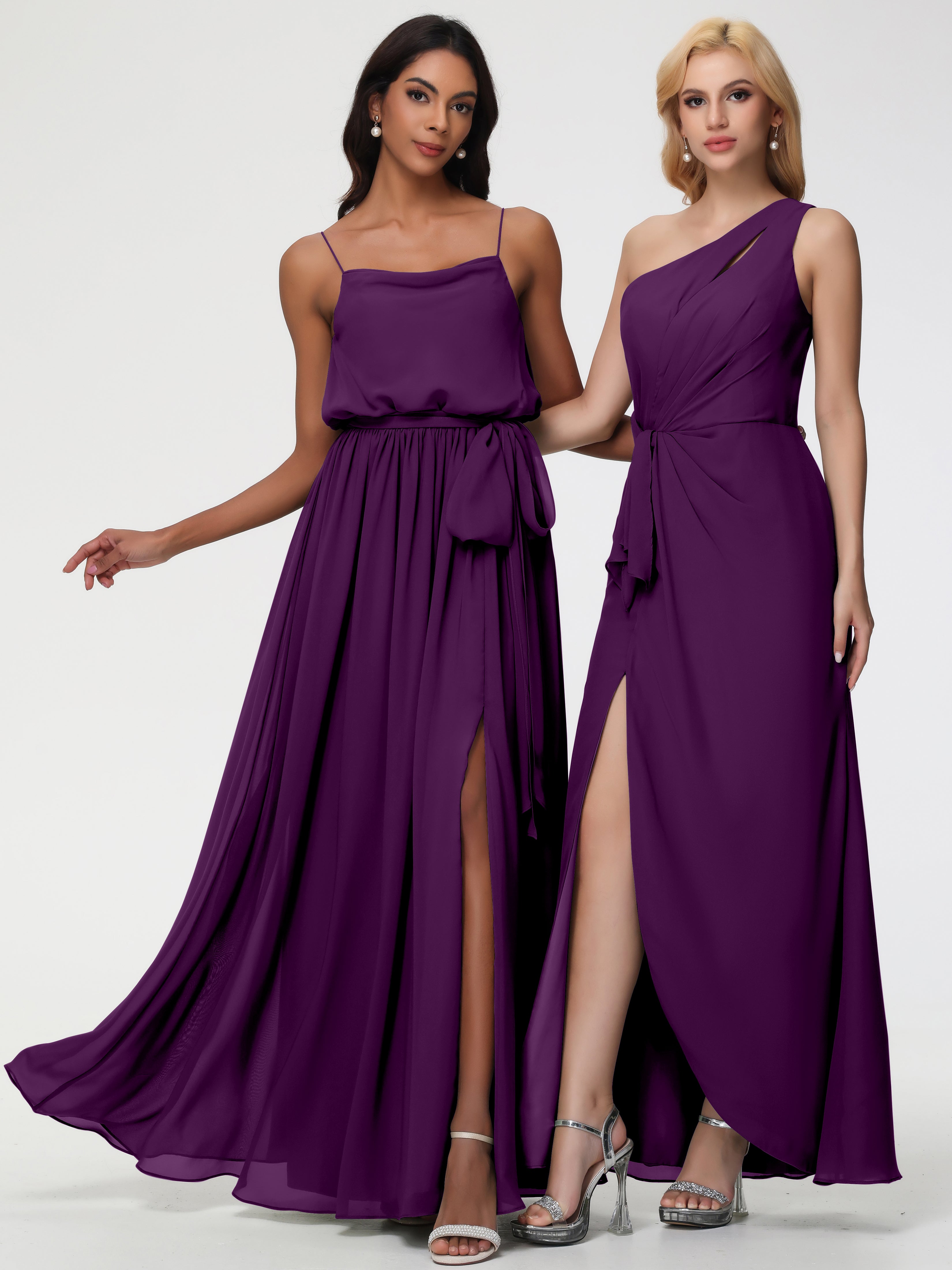 A-Line Cowl Spaghetti Straps Sleeveless Long Split Chiffon Bridesmaid Dresses