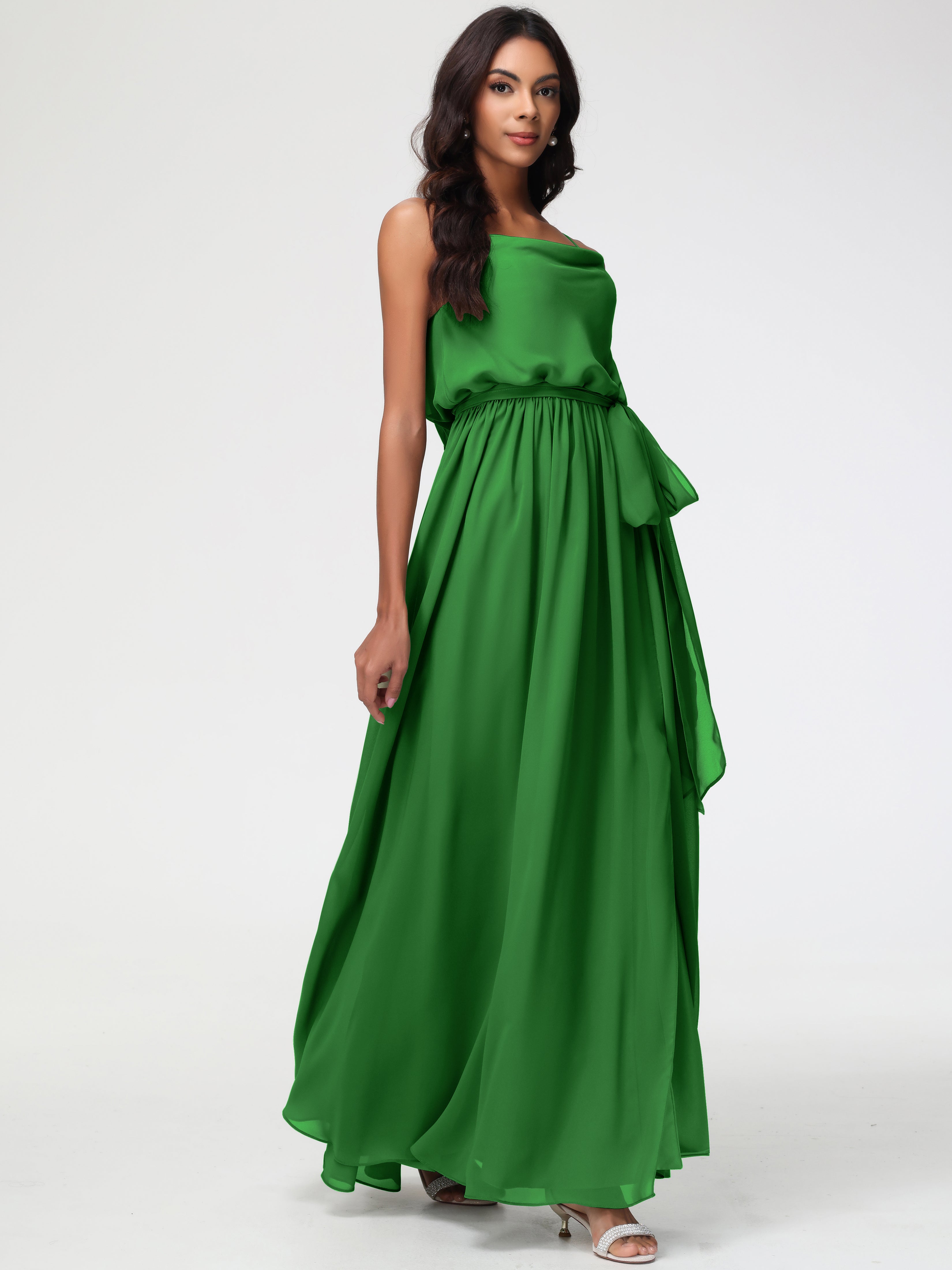 A-Line Cowl Spaghetti Straps Sleeveless Long Split Chiffon Bridesmaid Dresses