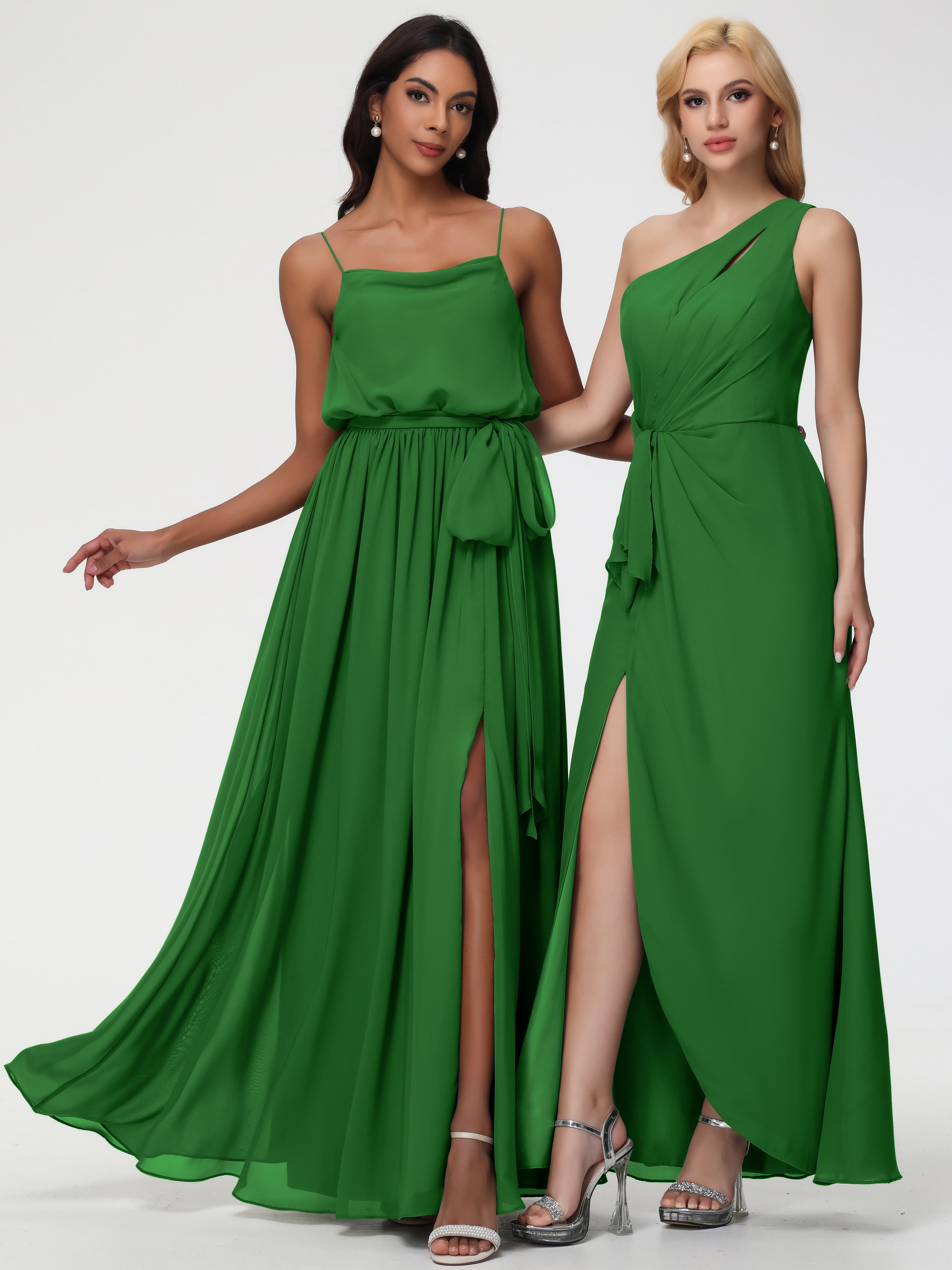 A-Line Cowl Spaghetti Straps Sleeveless Long Split Chiffon Bridesmaid Dresses